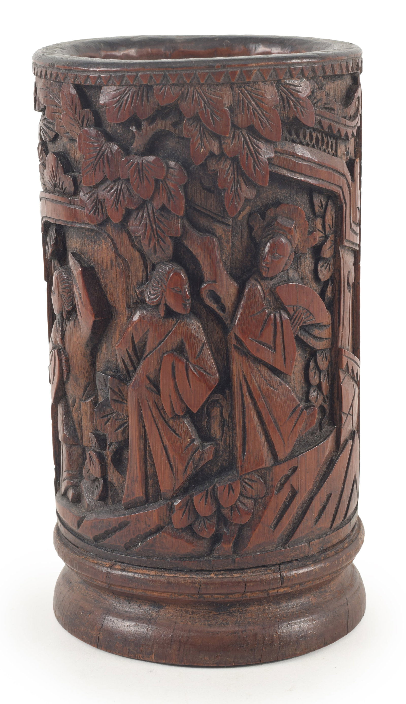 19th/early 20th century Chinese carved bamboo brush pot. Relief carved figural and flowering branch: 19th/early 20th century Chinese carved bamboo brush pot. Relief carved figural and flowering branch decoration. Inscription on reverse. Slightly separated from base. 7.25in high.