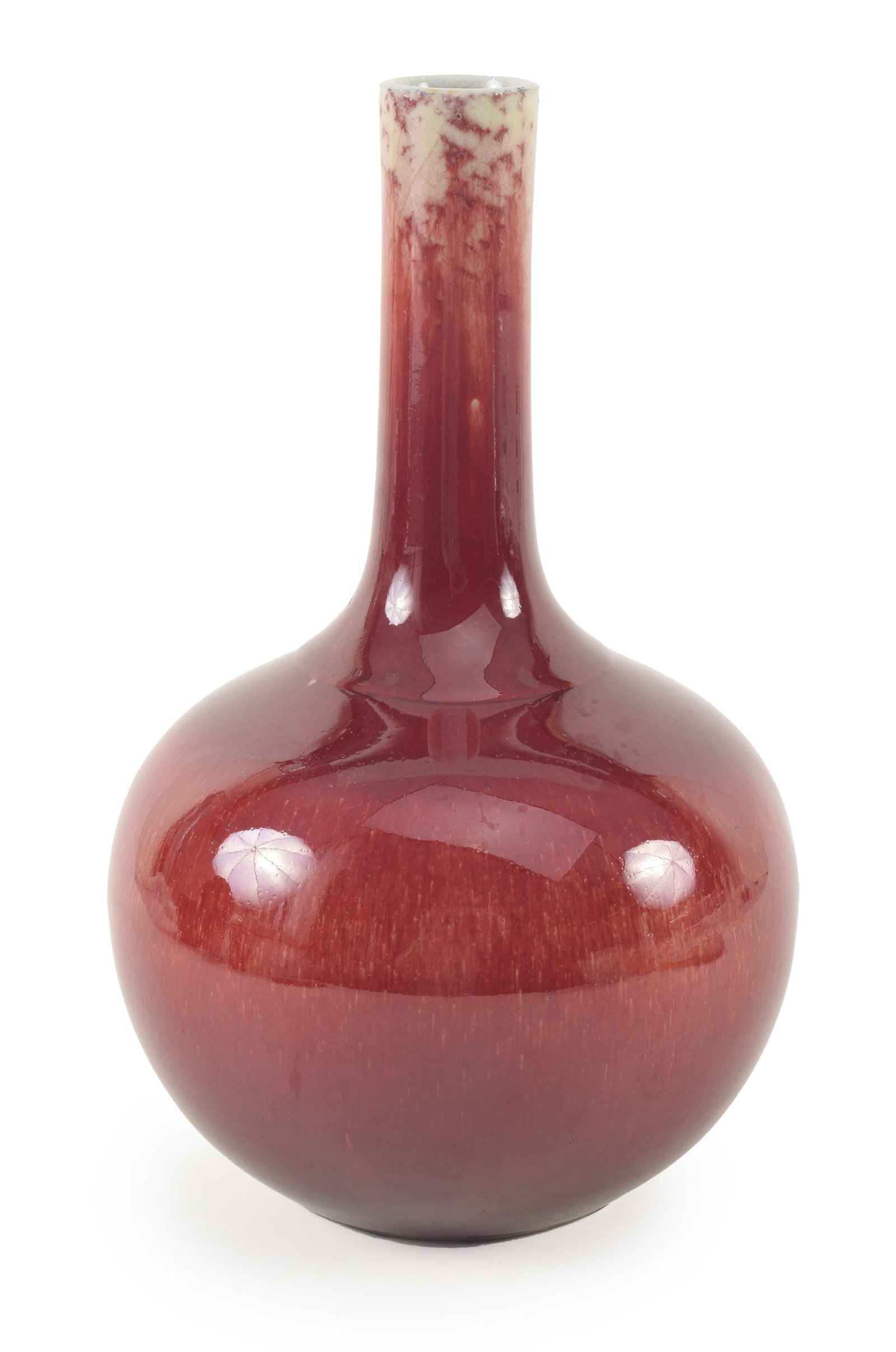19th century Chinese copper red langyao glazed bottle vase. Crushed strawberry glaze. Drilled for a (1 of 6)