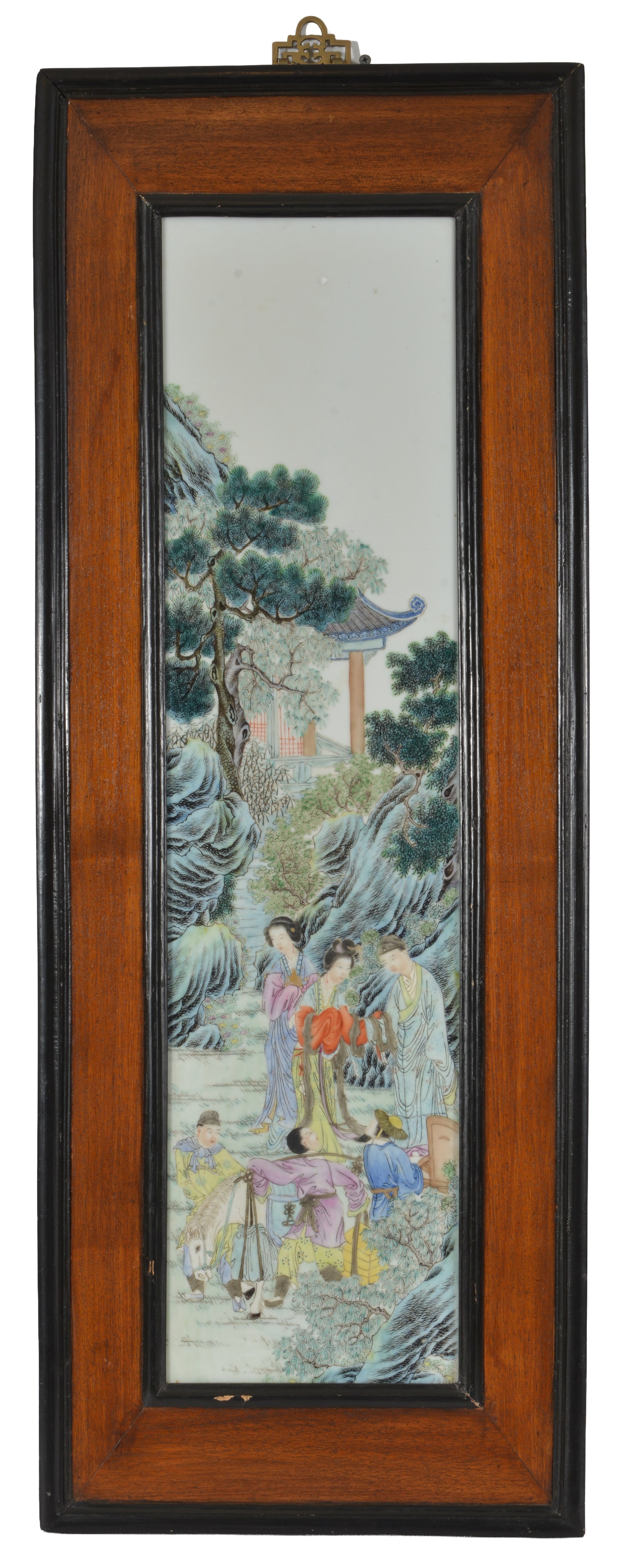 20th century Chinese famille rose decorated large porcelain plaque. Figural landscape decoration. (1 of 6)