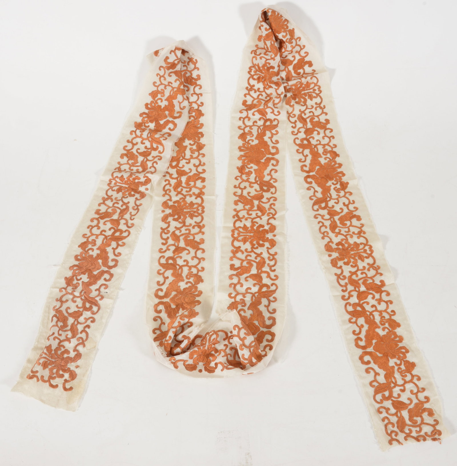 19th century Chinese silk embroidered long narrow border panel. Apricot floral and bat repeating (1 of 4)