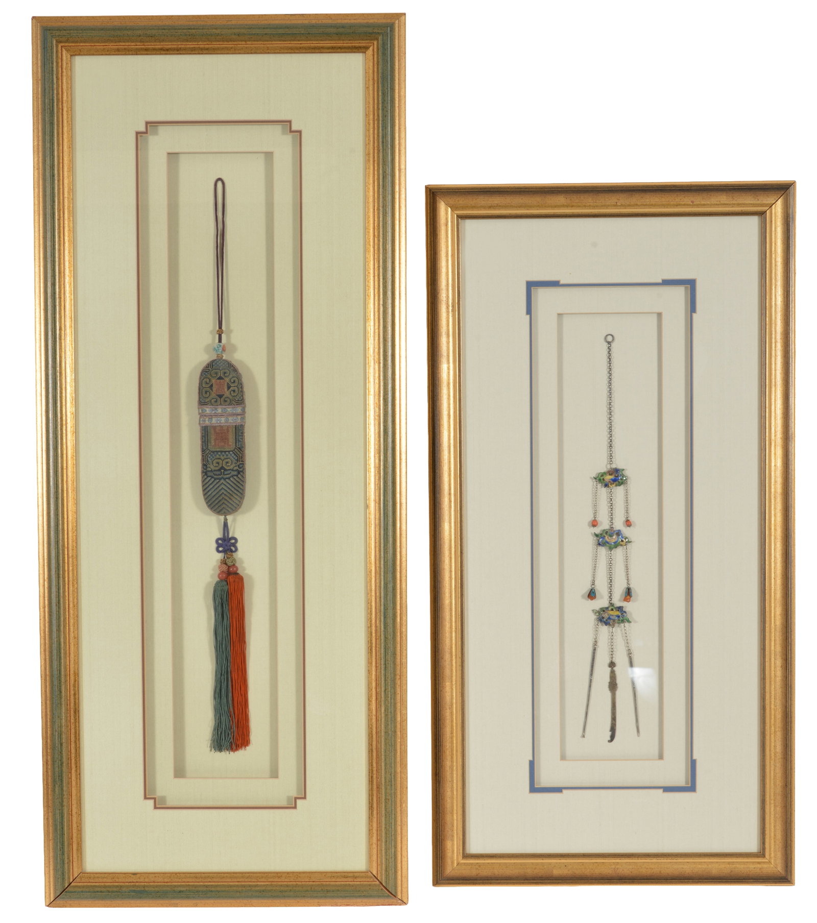 2 framed Chinese items. 1) Embroidered eyeglass case with beads and tassels. Overall: 34 x 14in. 2) (1 of 5)