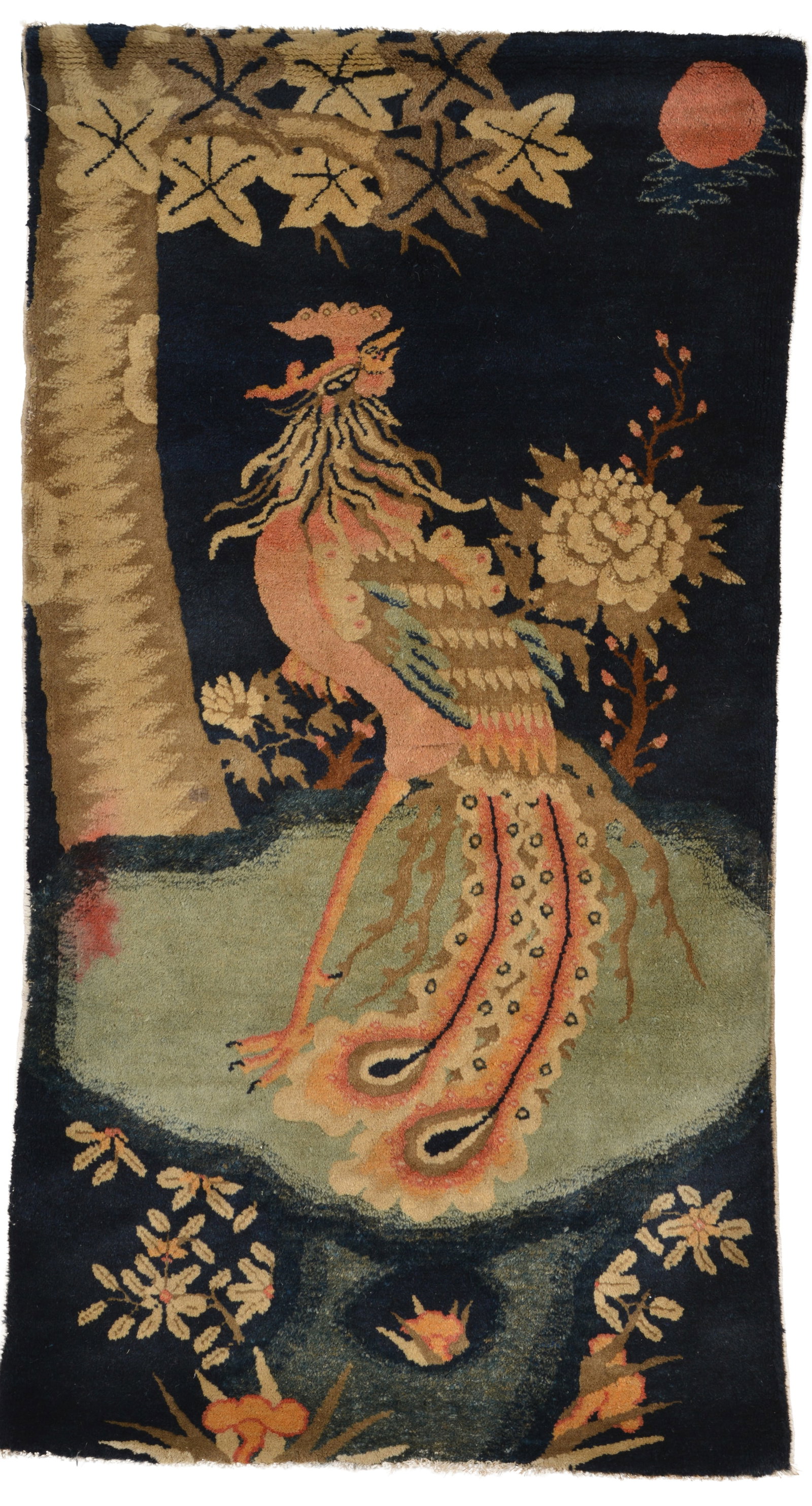 Chinese hanging rug with decoration of a peafowl in a landscape with moon and blue ground. (1 of 6)