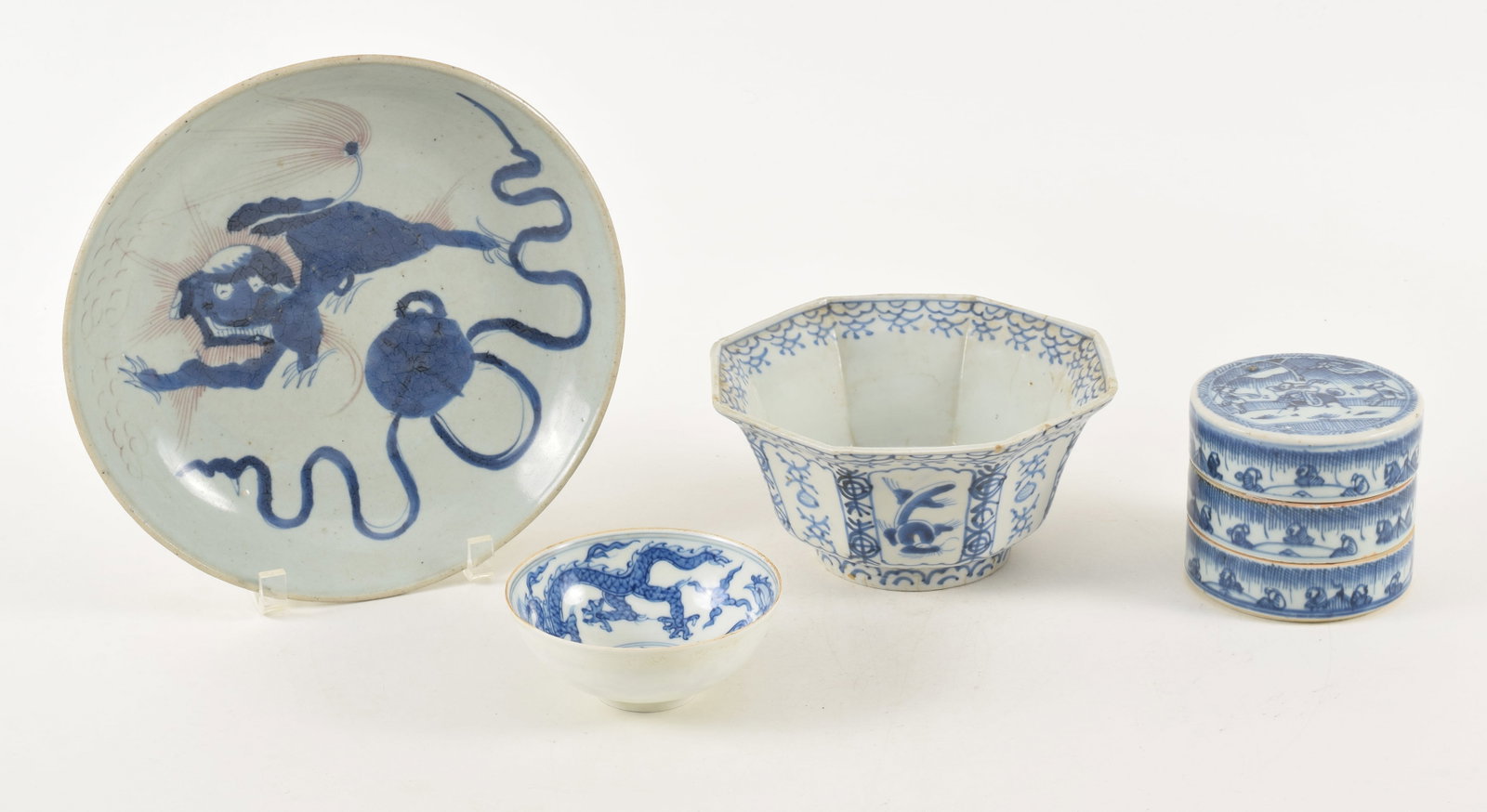Lot of 4 underglaze blue porcelains. 3 19th century works; a compartment box and 2 bowls together (1 of 11)