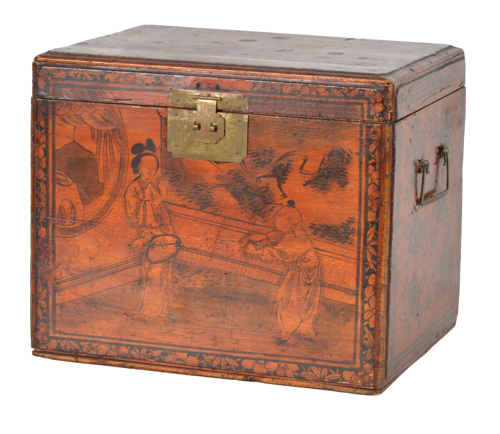 19th Century Chinese stencil and paint decorated box with figural image at front and all over floral (1 of 6)