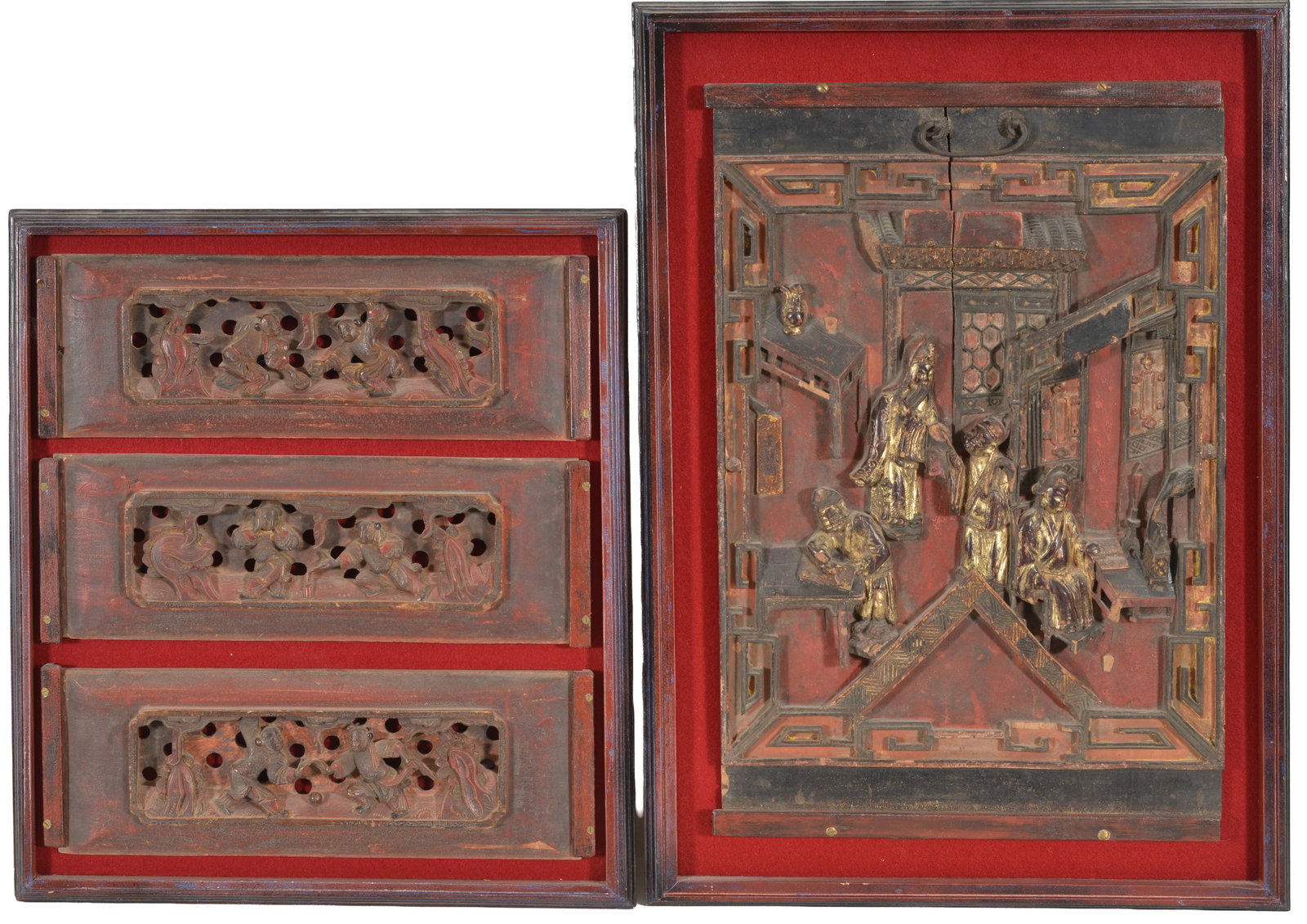 2 framed Chinese carved panels. 1) Lid or door front with interior scene with gilt figures. Overall:: 2 framed Chinese carved panels. 1) Lid or door front with interior scene with gilt figures. Overall: 25 x 17.25in. 2) 3 small carved and pierced figural panels. Overall: 20 x 17in.