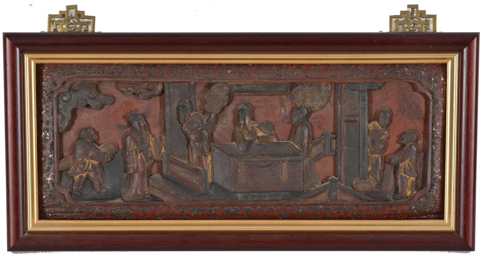 Chinese wood panel. Late 19th century. Carved, gilt, and lacquered wood scene of figures in a (1 of 4)