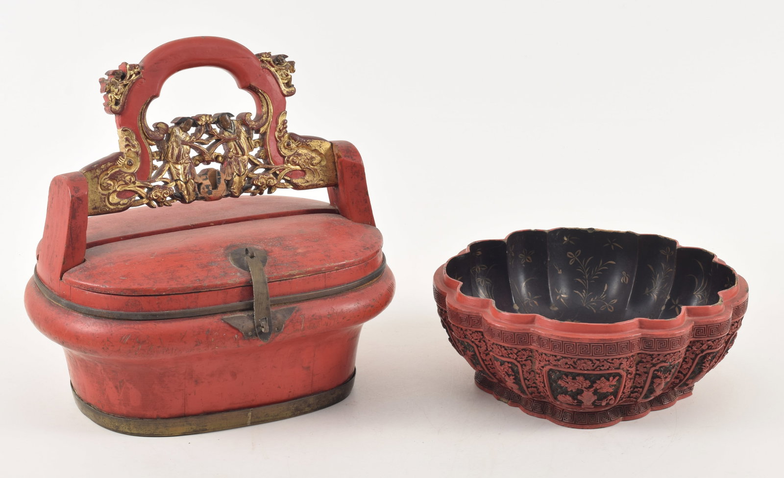 2 containers. China. Early 20th century. Red lacquered and gilt wooden handled box together with a (1 of 7)