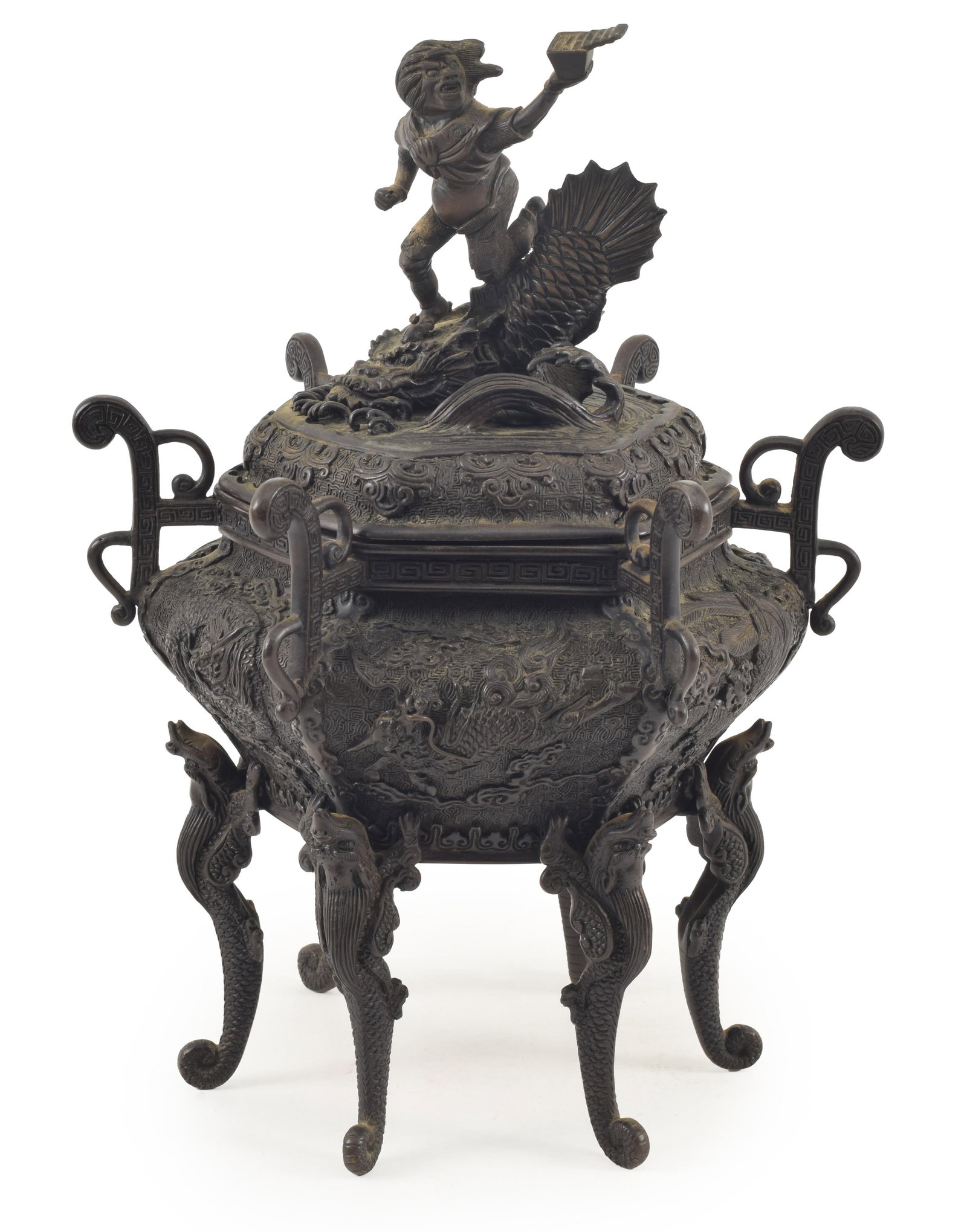 19th century Asian bronze censer with dragon form feet. Panels carved with zodiac animals. Cover (1 of 10)