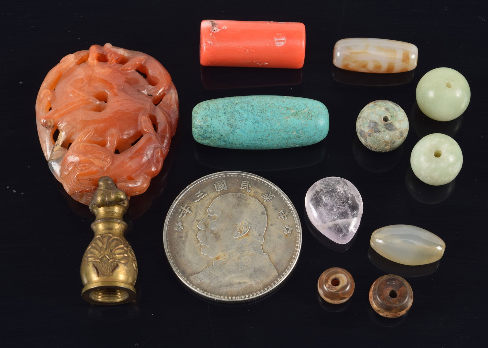 Lot of Chinese stone carvings and accessories. To include: hardstone finial, silver coin, turquoise (1 of 5)