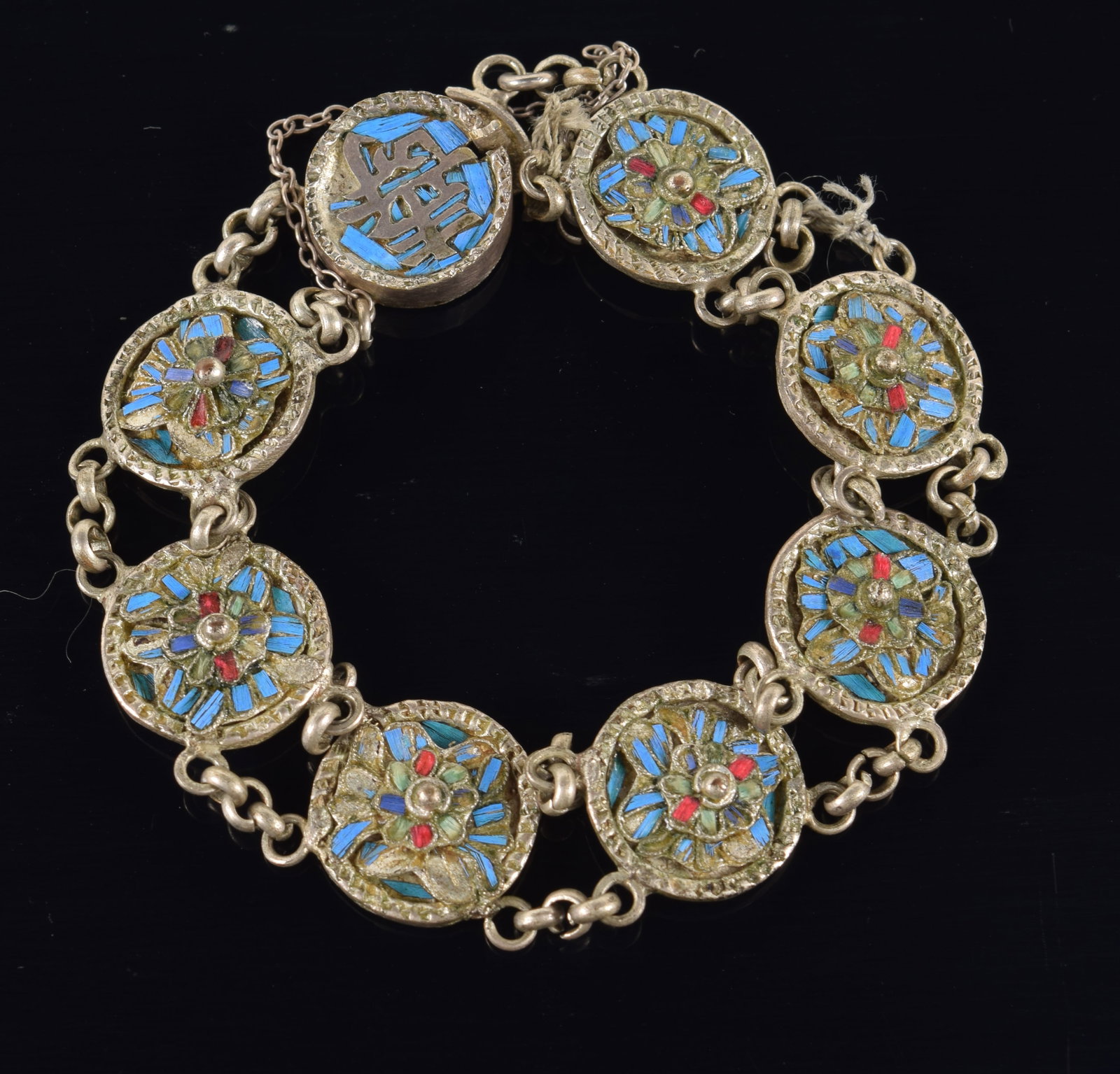 Chinese silver enamel bracelet with floral decorations and character clasp. Clasp marked on (1 of 6)