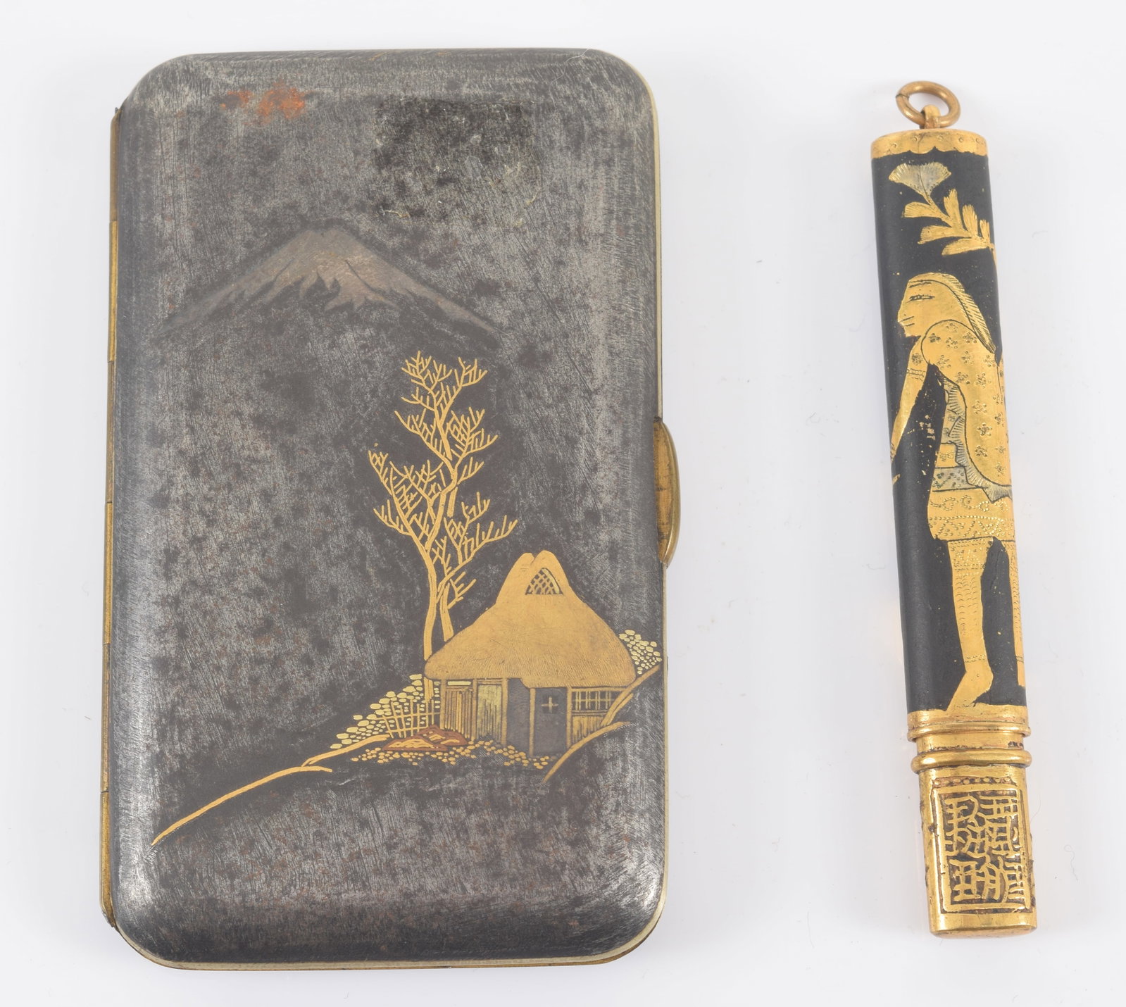2 mixed metal items, a Komai cigarette or card case with Mount Fuji and an Egyptian revival design (1 of 4)