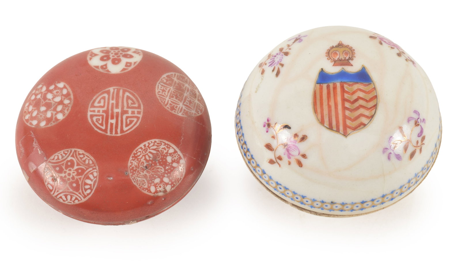 2 19th century Chinese porcelain covered boxes. 1) Red ground seal paste box with buddhist symbol (1 of 10)