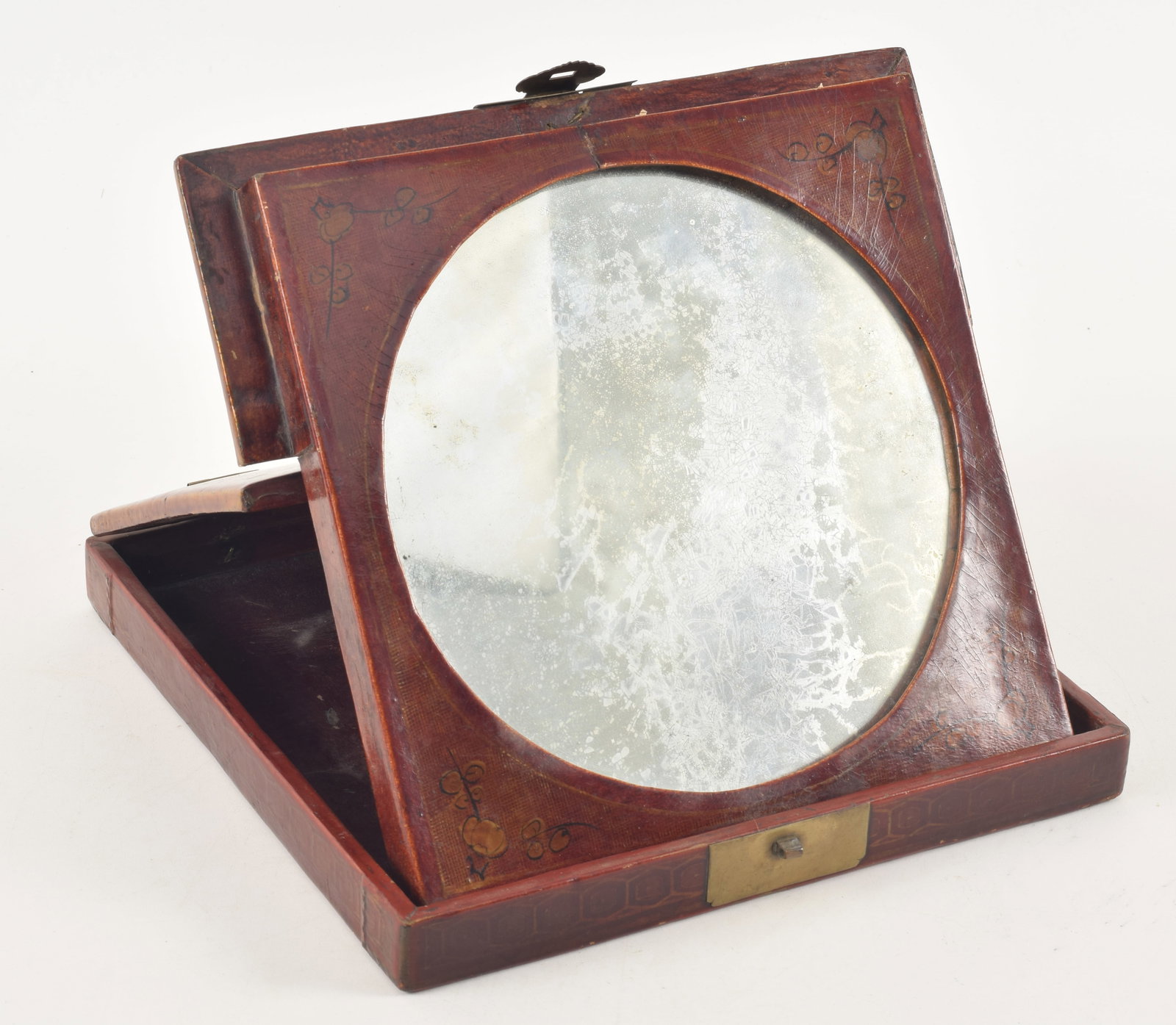 Mirror case. China. 19th century. Surface lacquered in red with gilt figures. Brass mounts. 11 x 11 (1 of 5)