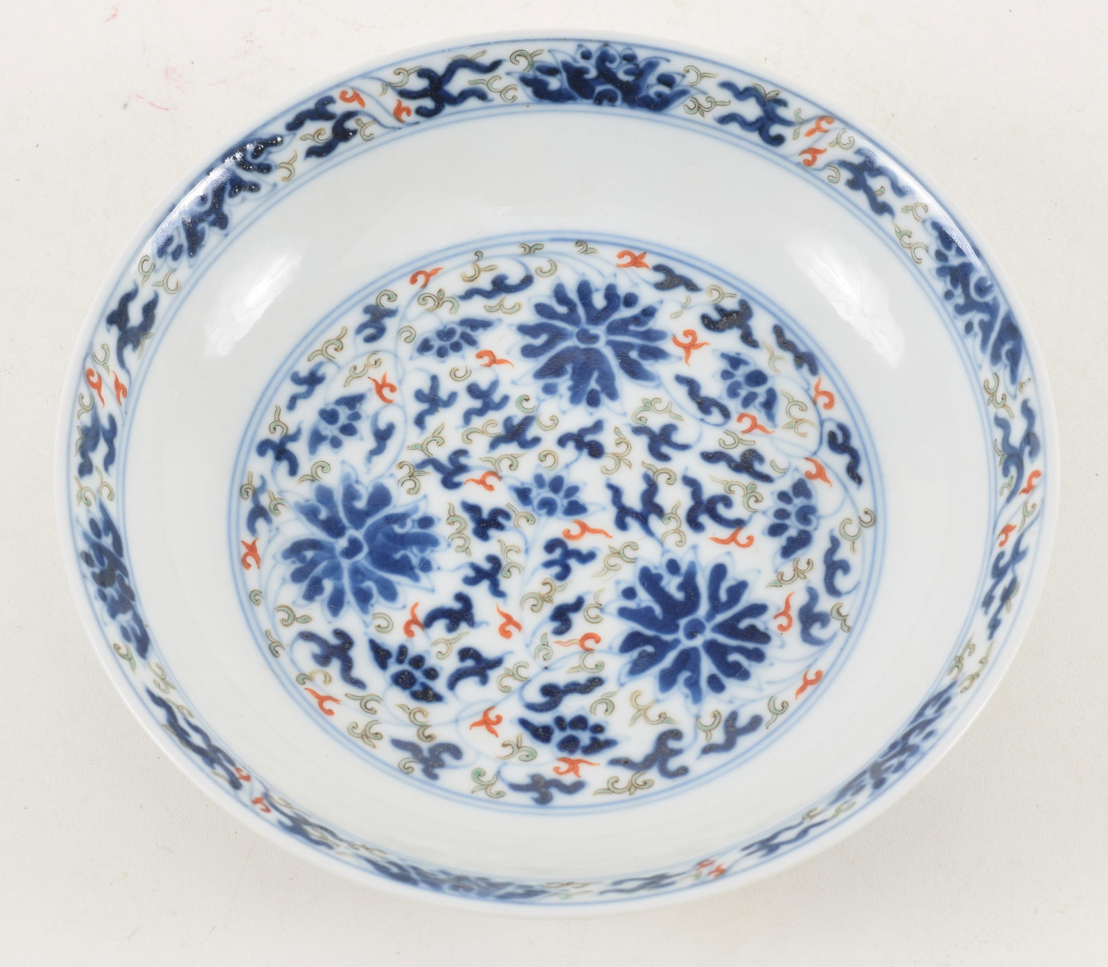 Chinese porcelain dish with flowering branch decoration. Reign mark on base. 6.25in diameter. (1 of 3)