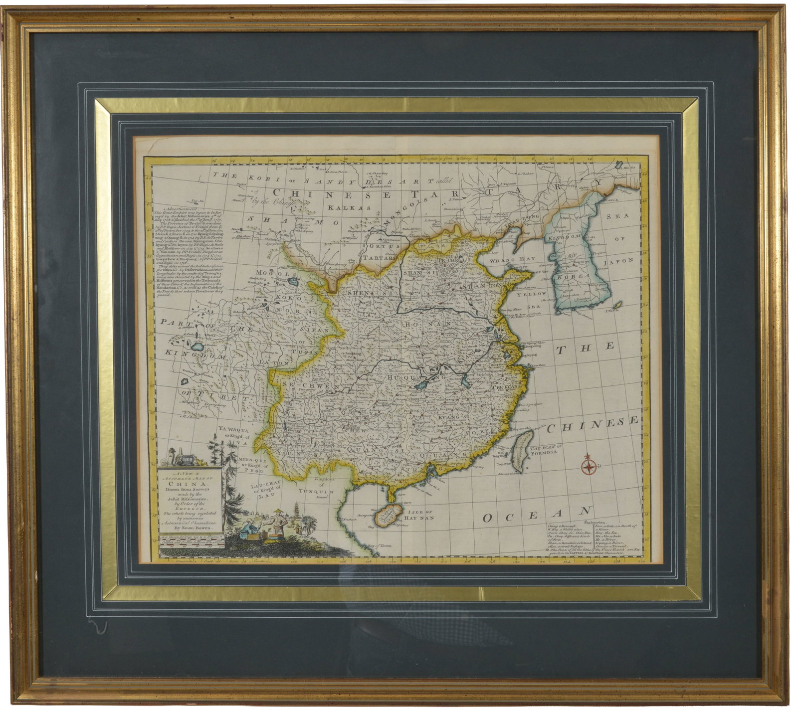 18th century A New and Accurate Map of China by Emanuel Bowen. Hand colored vignette and borders. Fr: 18th century A New and Accurate Map of China by Emanuel Bowen. Hand colored vignette and borders. Framed under glass. Overall: 23 x 25.5in.