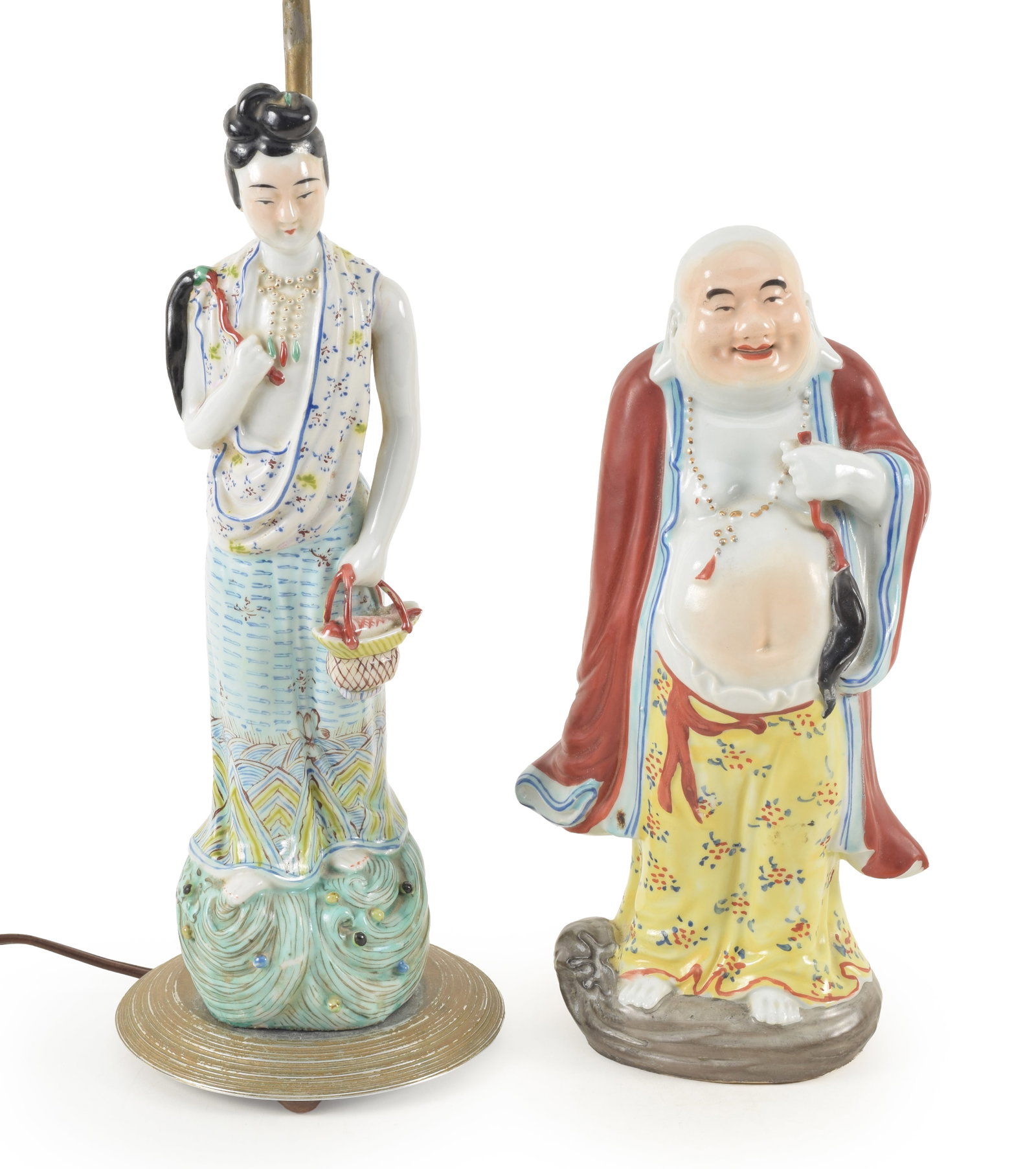 2 early 20th century Chinese porcelain figures. 1) Standing buddha with red robe, 12in high. 2) (1 of 4)