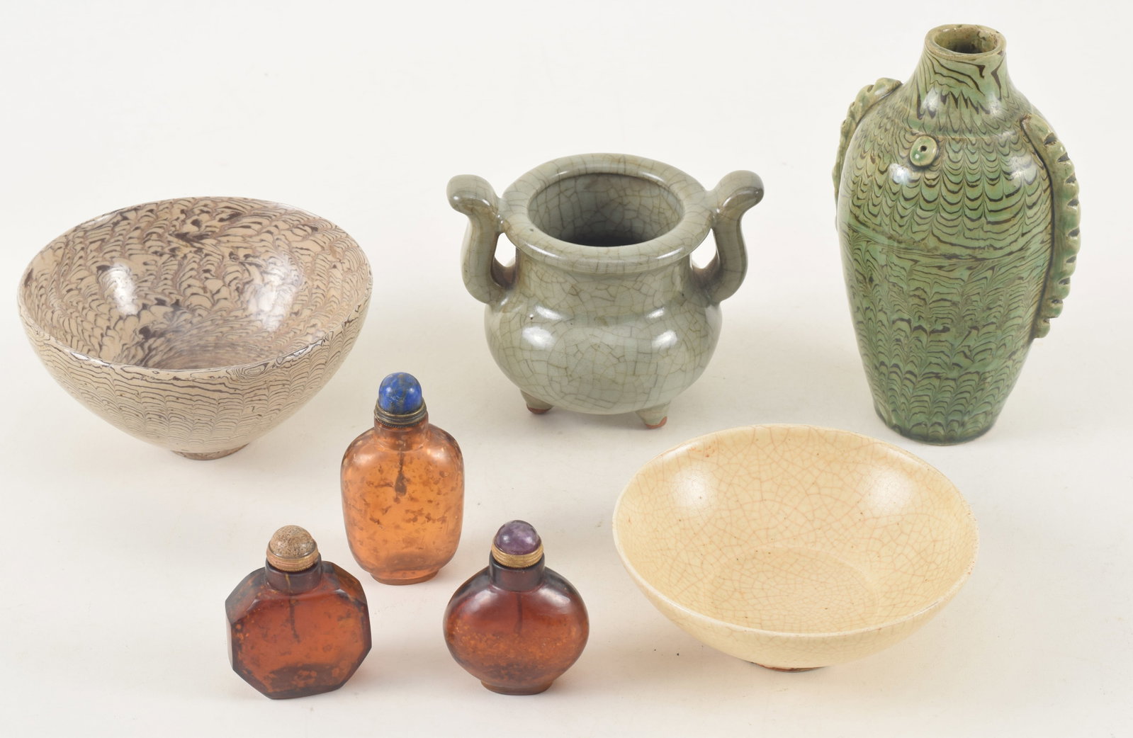 Lot of 7 items. China. 20th century and earlier. To include: 2 Tang style marbelized ware (a green (1 of 10)