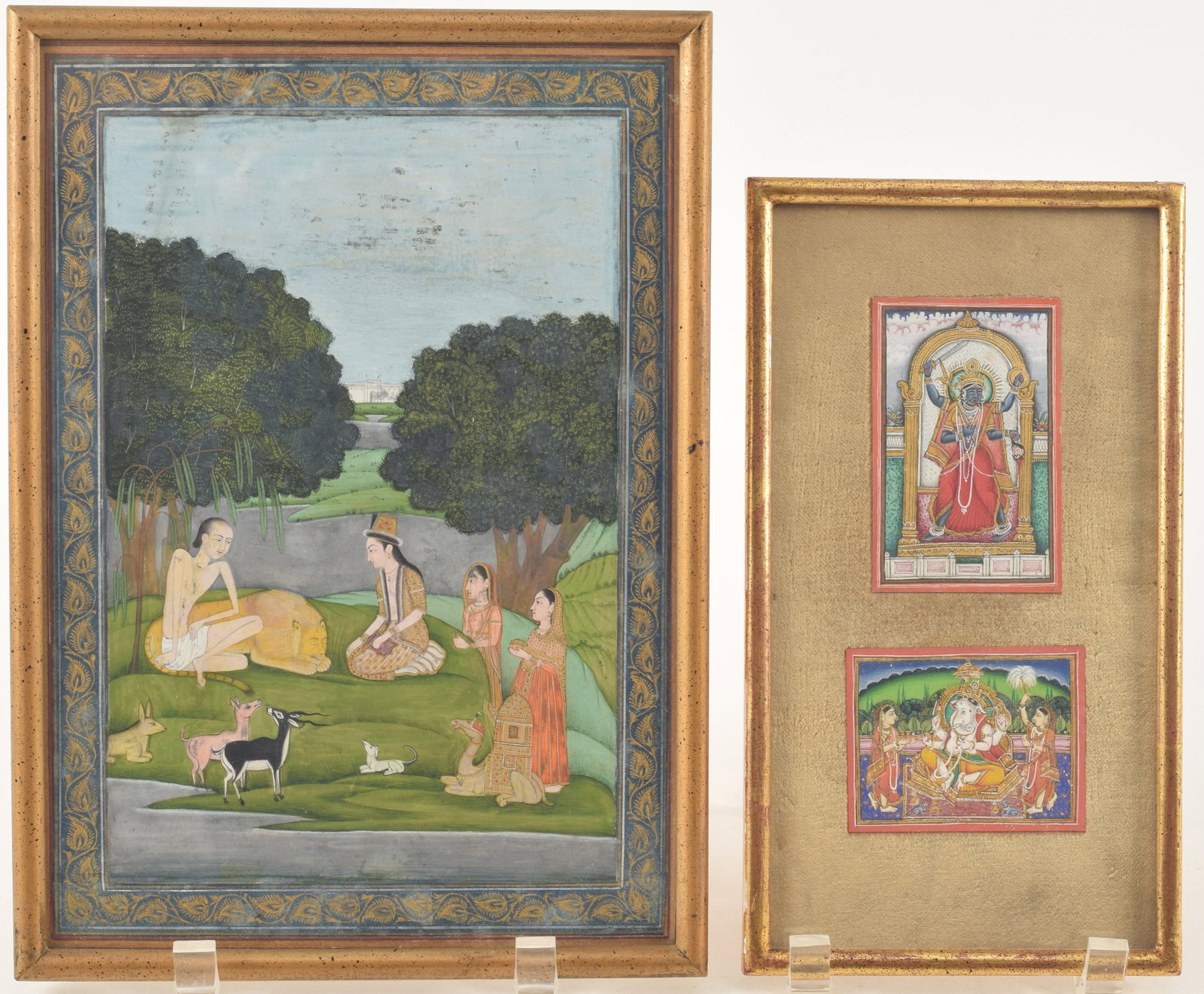 2 framed Indian miniature paintings. One with a princess together with a double of Durga and: 2 framed Indian miniature paintings. One with a princess together with a double of Durga and Ganesha.
