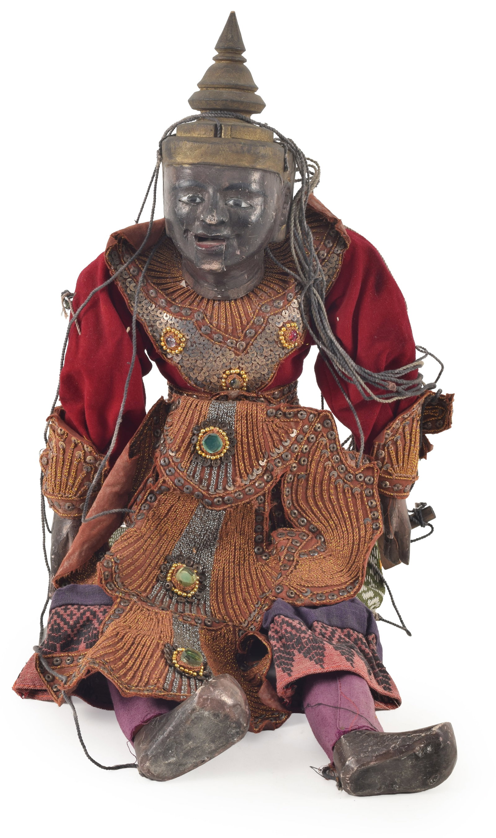 Puppet. Myanmar, ca 1950. Lacquered wooden body. Ornate later robes. About 22in length.: Puppet. Myanmar, ca 1950. Lacquered wooden body. Ornate later robes. About 22in length.