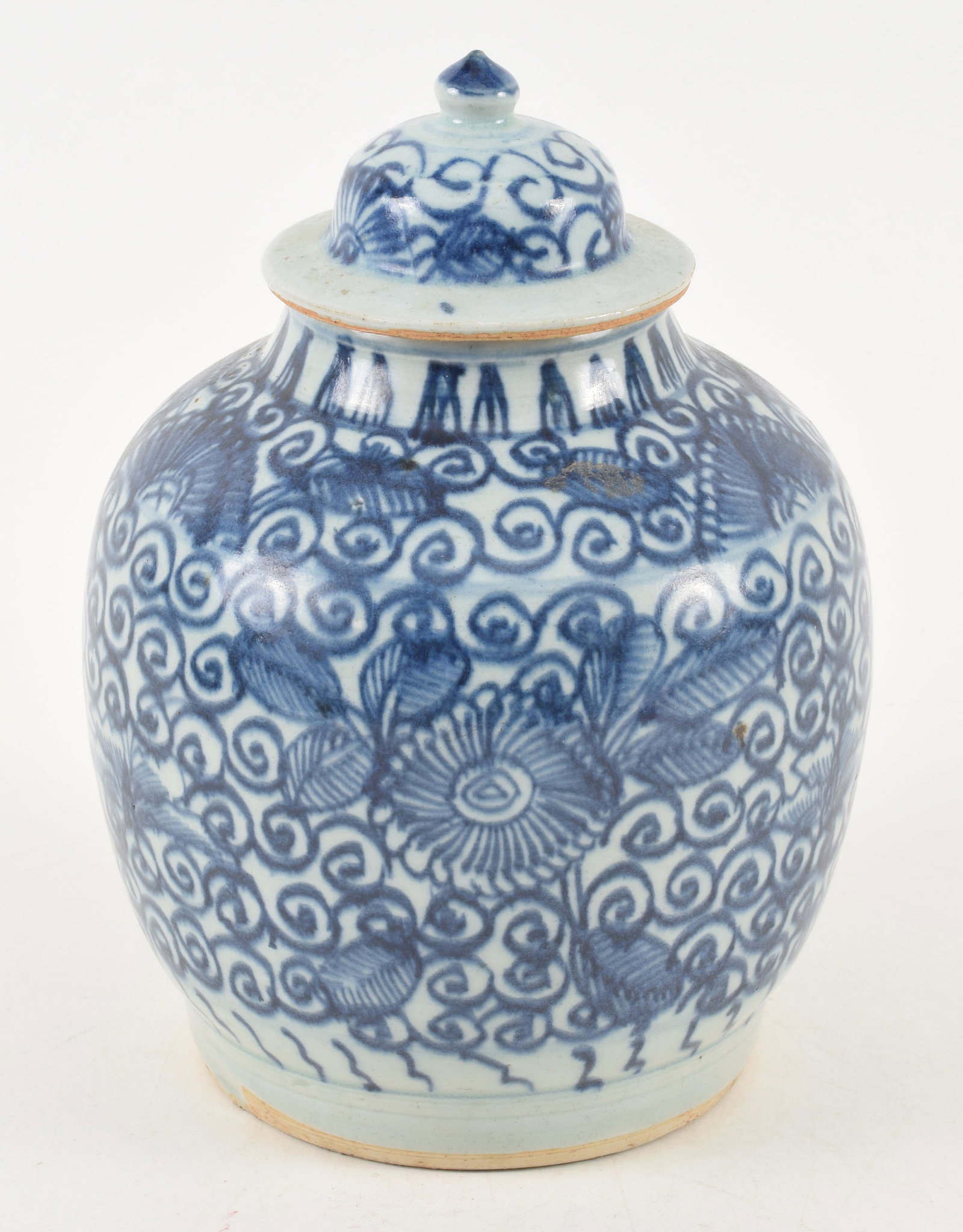 Antique Chinese blue and white covered jar. 9.5in high. (1 of 6)