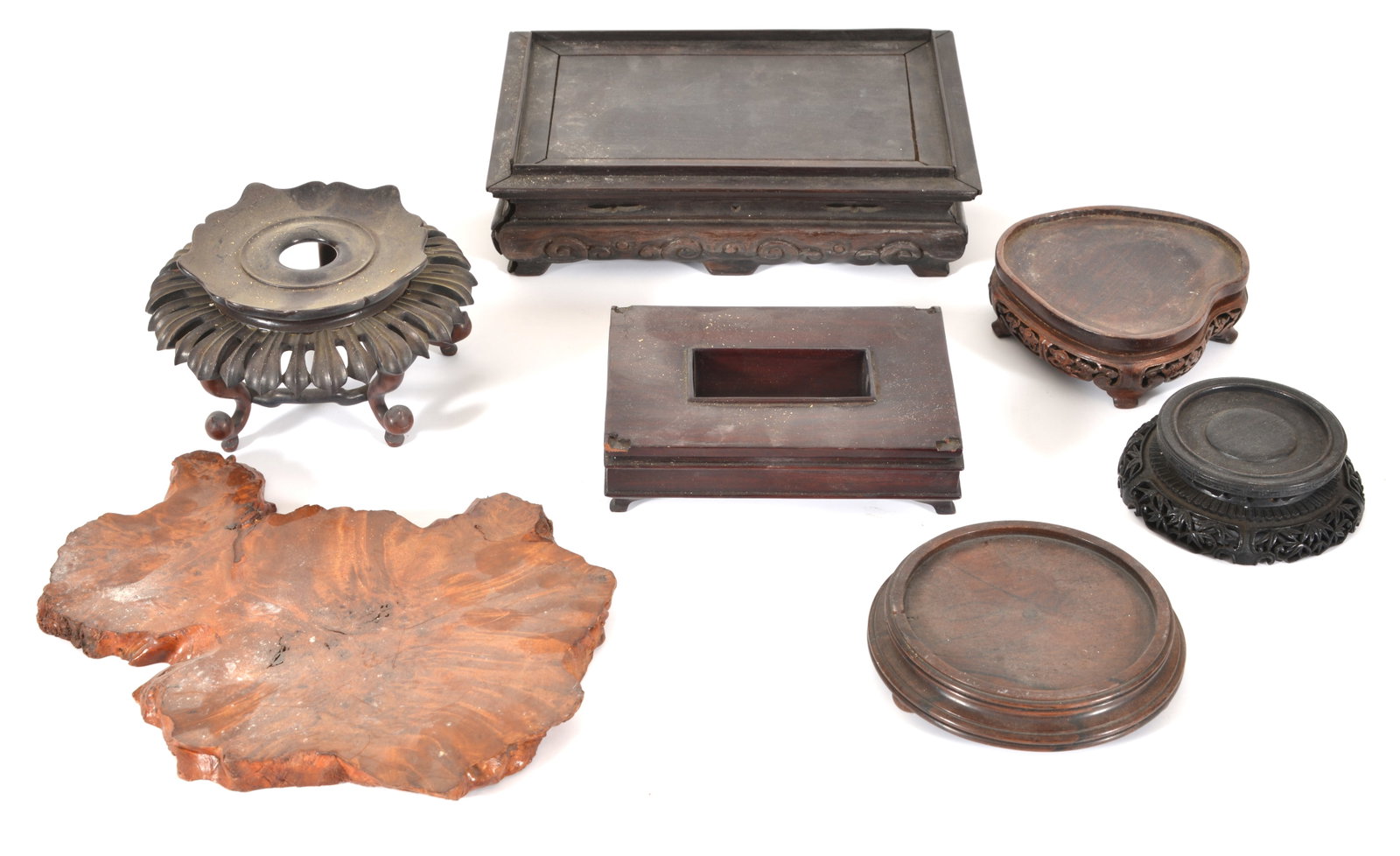 Lot 7 Chinese hardwood stands including a figured natural plateau. (1 of 4)