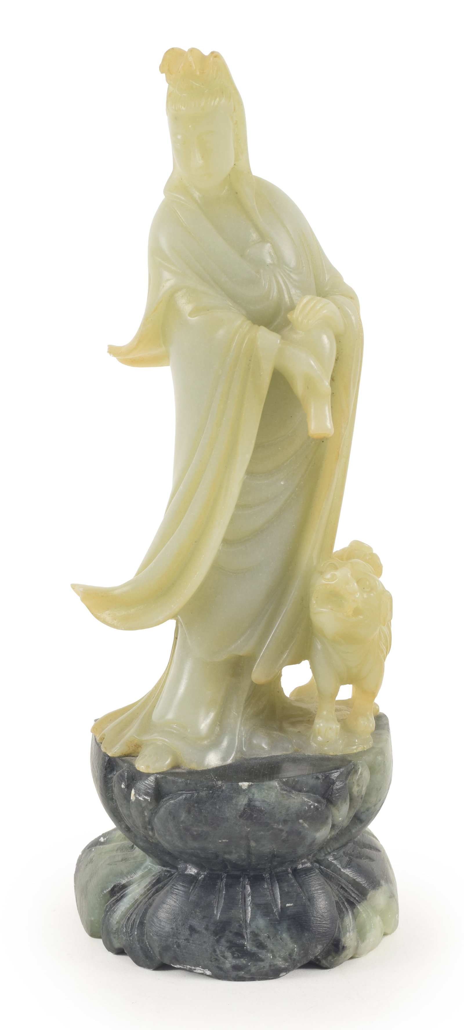 19th/20th century Chinese carved soapstone figure of Guanyin and buddhist lion. Pale green stone (1 of 4)