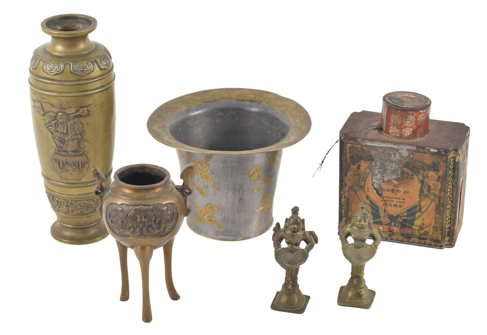 Lot of 6 Asian metal pieces. Including brass inlaid pewter beaker; tall Japanese bronze vase (8in (1 of 7)