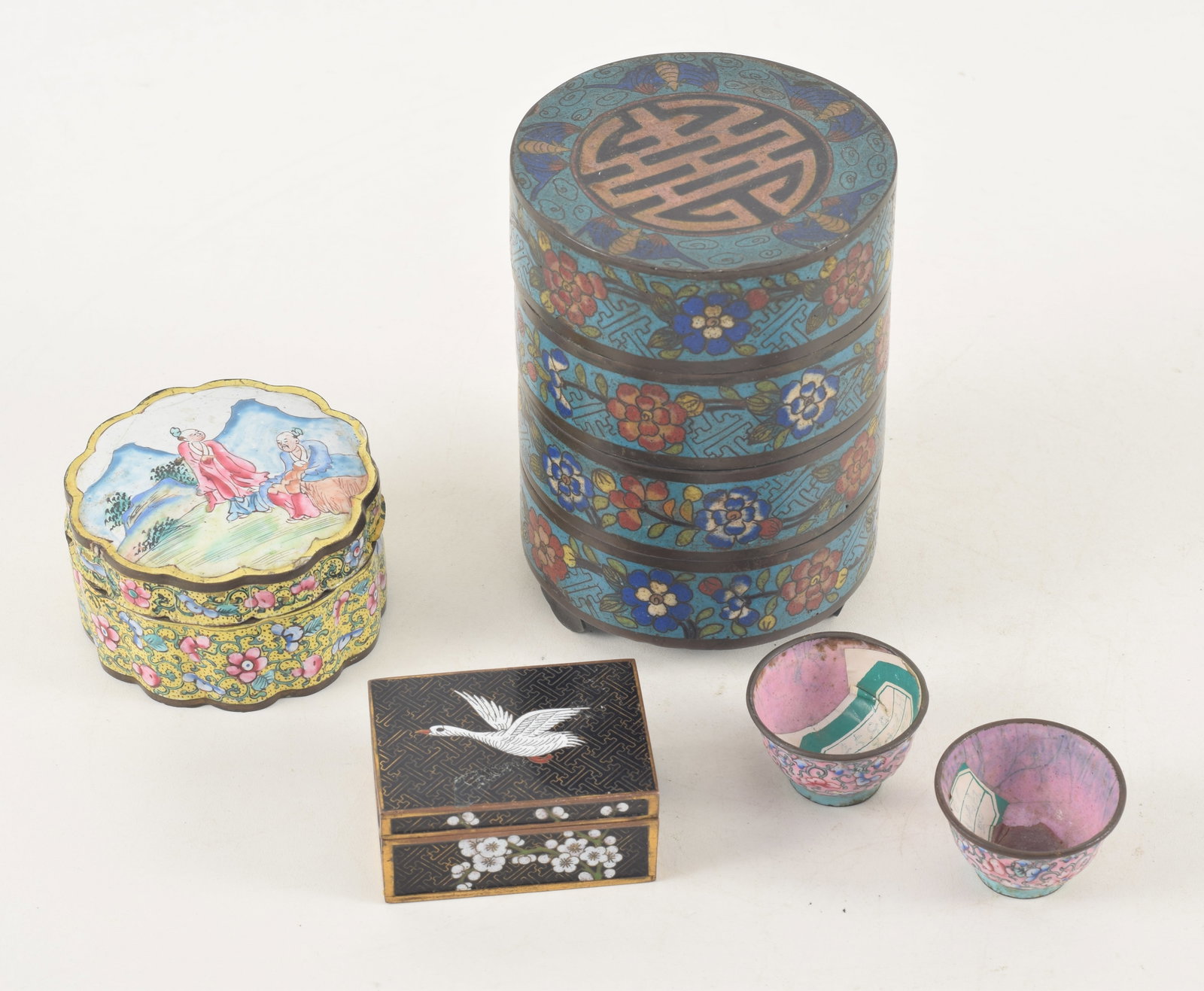 Lot of 5 Chinese enamel pieces. 1) Stacking cloisonne round boxes. Loss to underside. 4.75in high. (1 of 6)