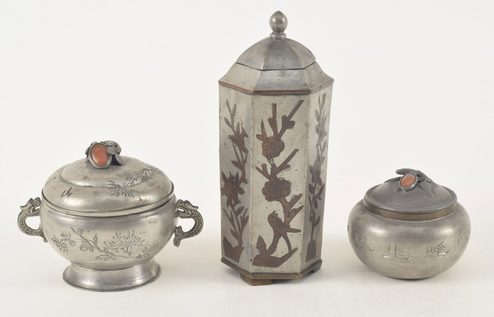 Lot of 3 antique Chinese pewter vessels. Copper inlaid tall tea canister, dragon handle inscribed (1 of 10)