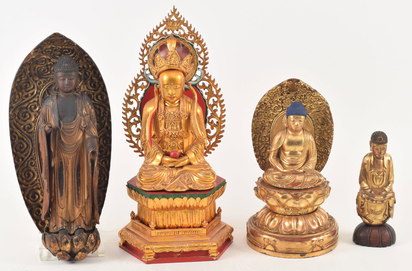 Lot of 4 Asian gilt wood buddha figures. Largest: 16in high. Some as-is.: Lot of 4 Asian gilt wood buddha figures. Largest: 16in high. Some as-is.