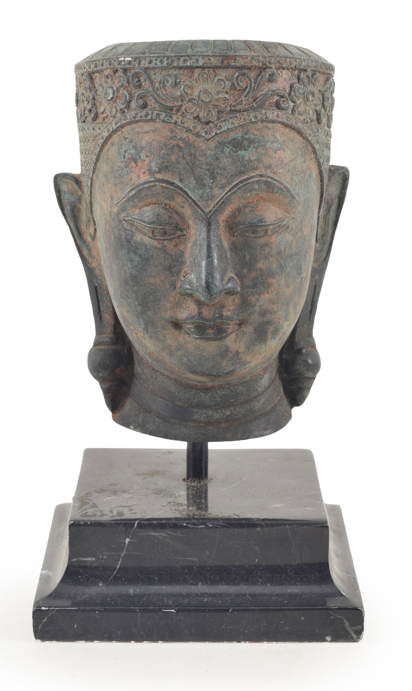 Early style Thai bronze mask on stand. Overall: 8.25in. (1 of 5)