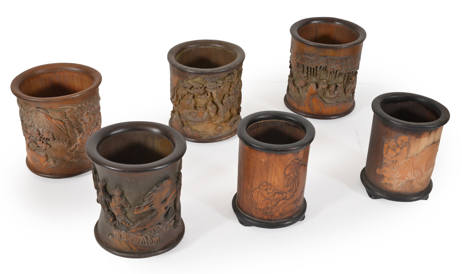 Lot of 6 Chinese carved bamboo cylindrical brush pots with assorted landscape and figural (1 of 5)