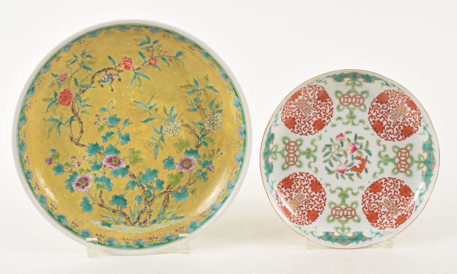 Lot of 4 porcelain plates. China. 19th/20th century. 2 langyao plates and others. Largest 10in (1 of 5)