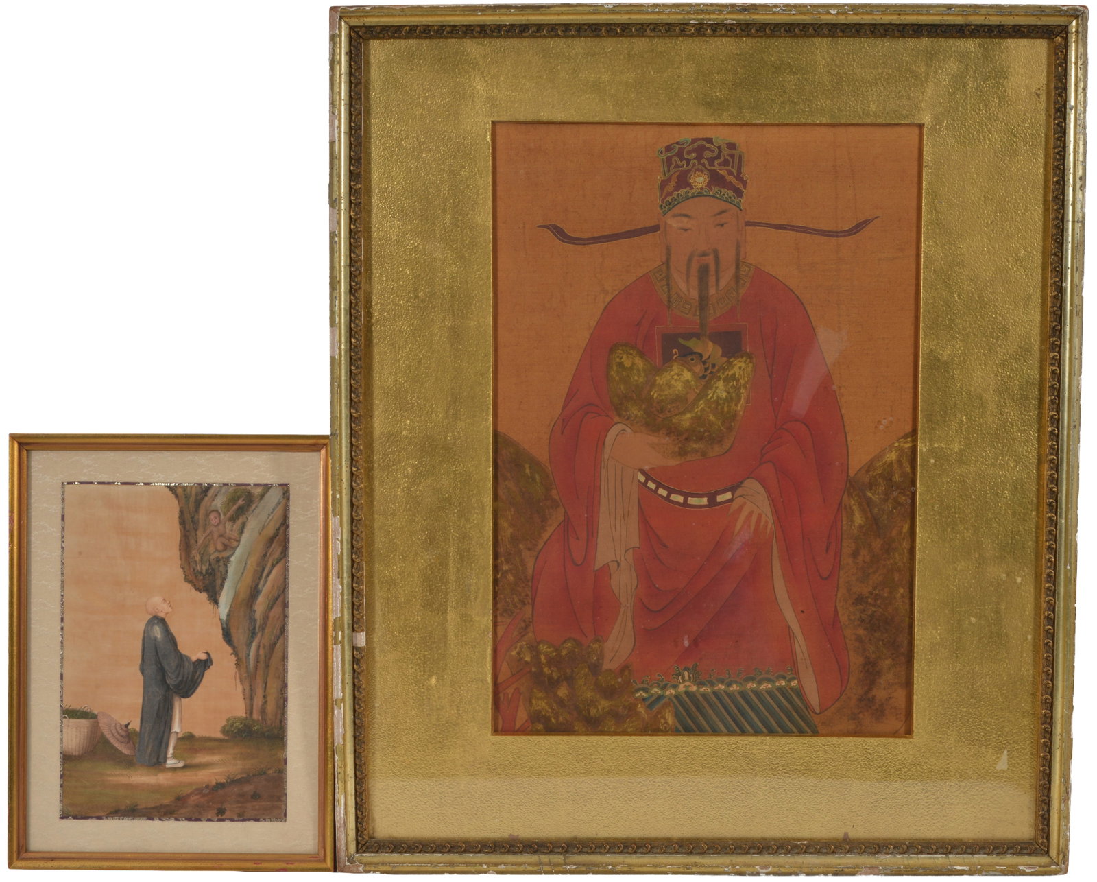 2 Asian paintings. 1) Ancestor portrait. 2) Figure in a landscape with monkey. Each framed under gla (1 of 3)