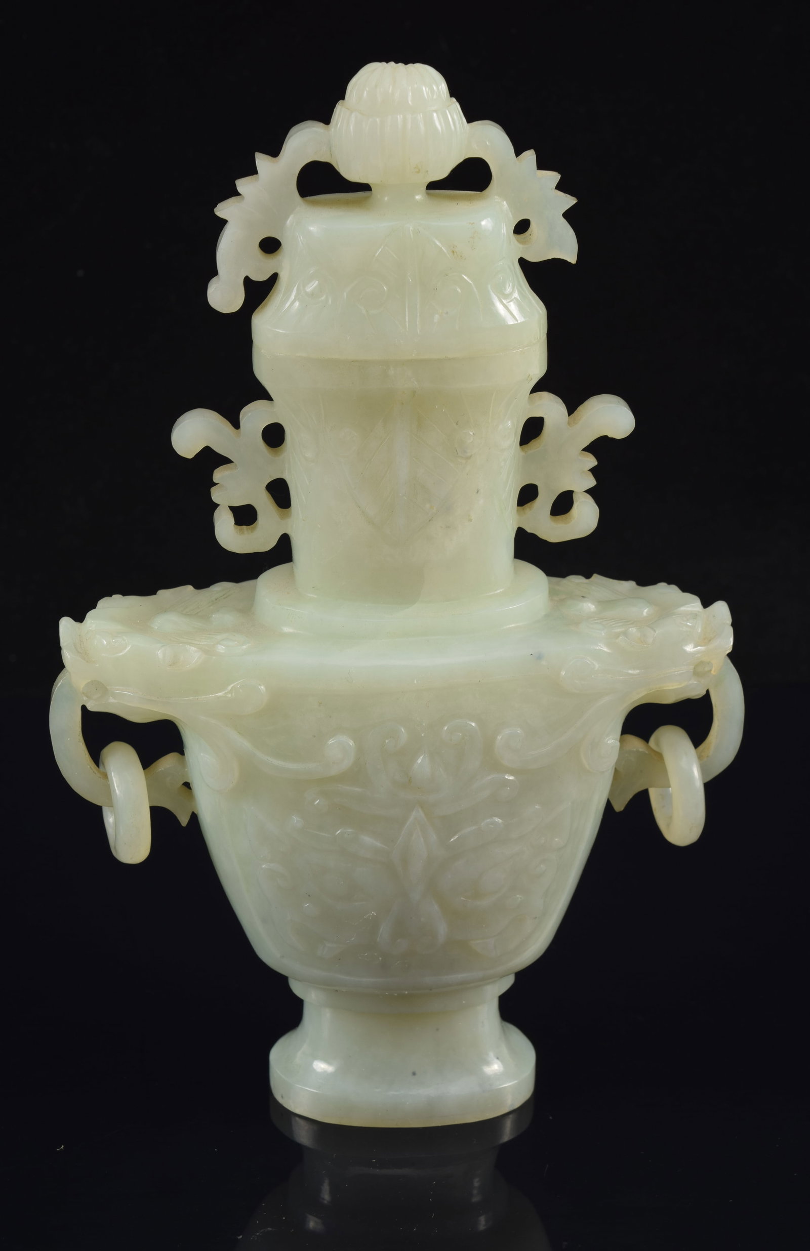 Chinese carved nephrite covered vase. Jump ring handles. 7in high.: Chinese carved nephrite covered vase. Jump ring handles. 7in high.