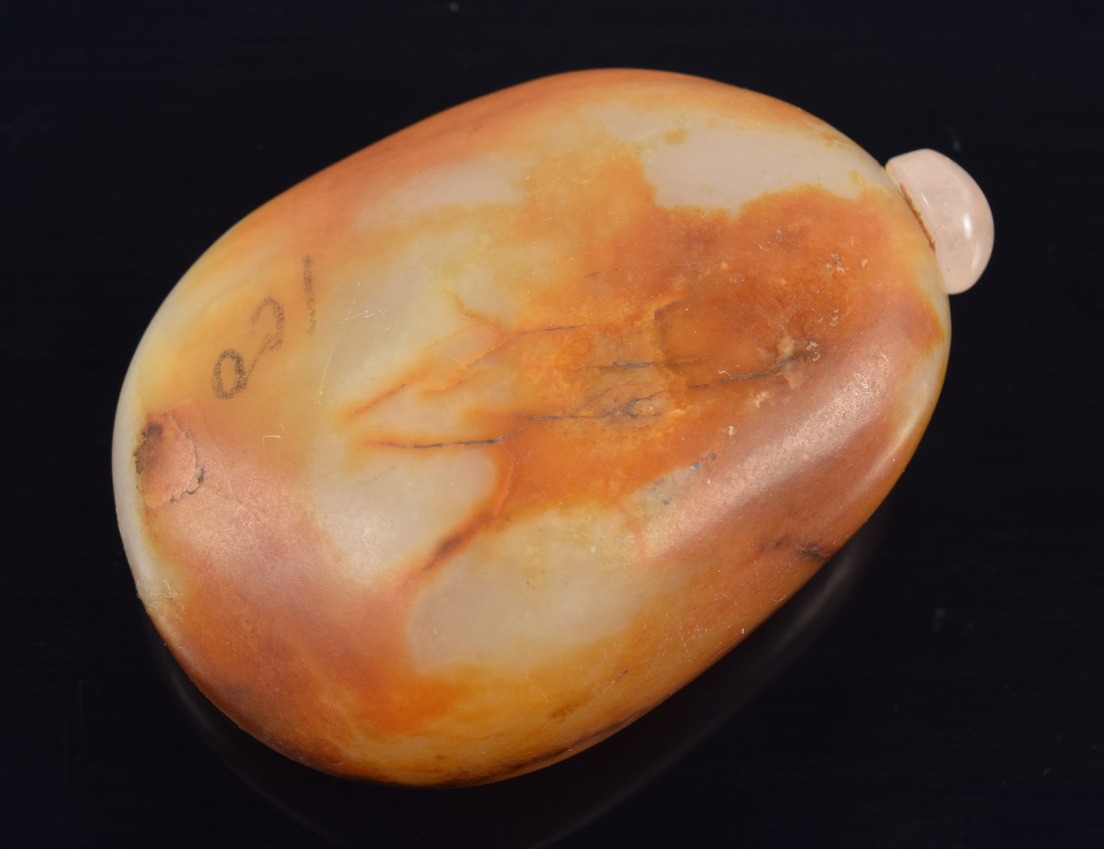 18th century of earlier Chinese jade pebble snuff bottle. Stone pale celadon with rust markings. 2.2 (1 of 5)