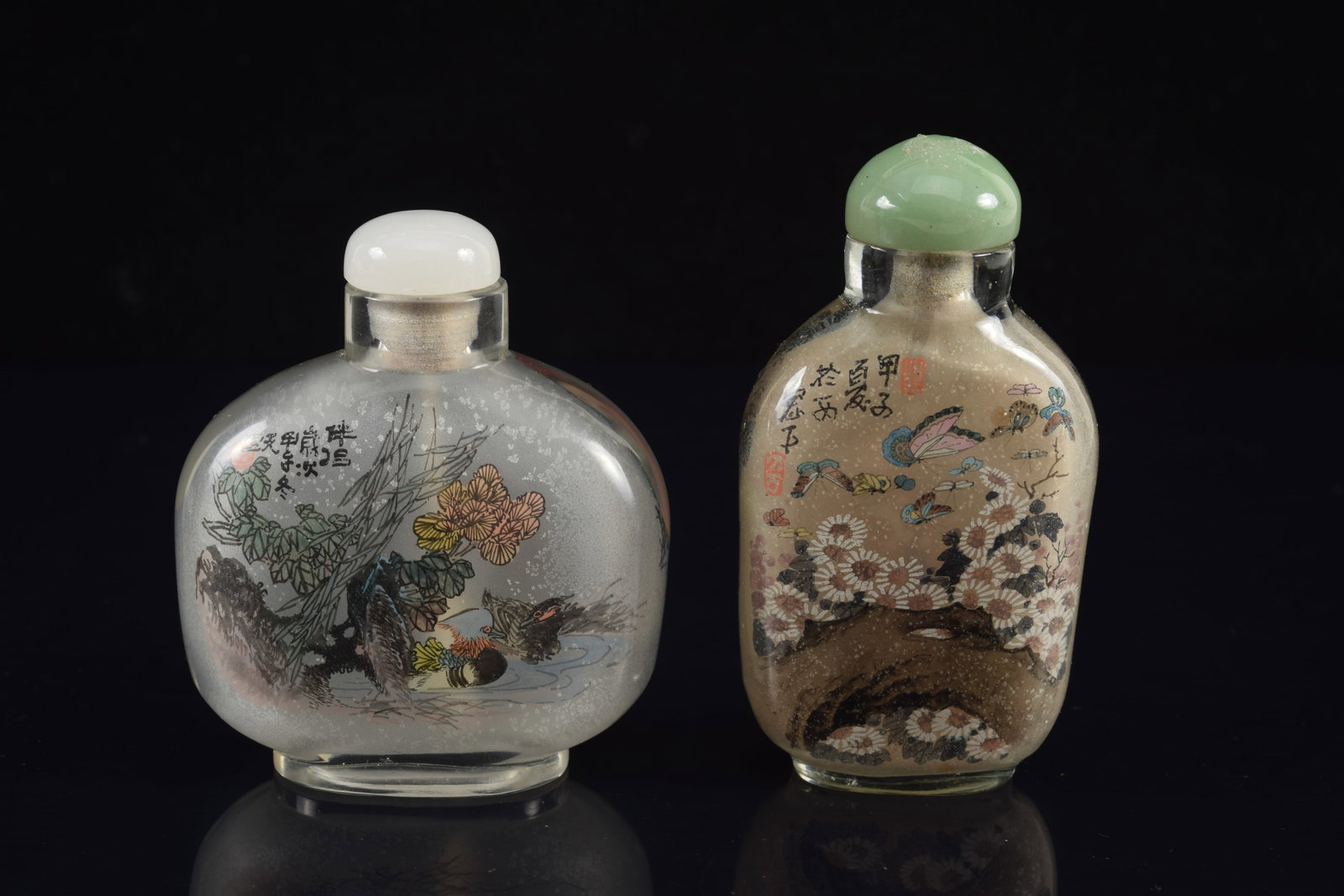 2 Chinese 20th century reverse painted glass snuff bottles. Each signed and inscribed. One with duck (1 of 5)