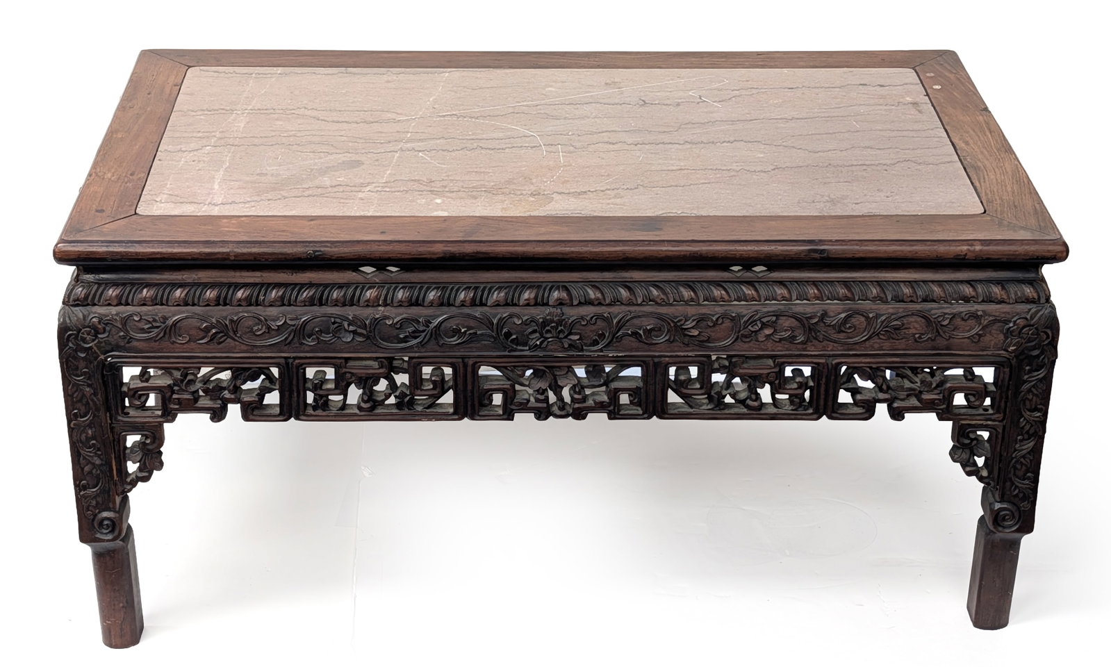 19th century Chinese rosewood kang table with marble inset top. Reticulated sides. Abrasions to ston (1 of 5)