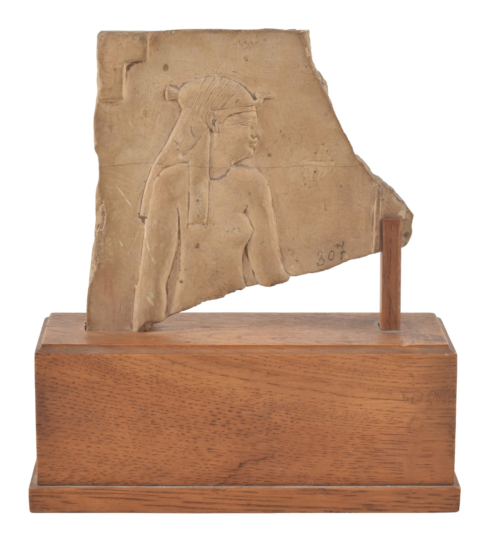 Egyptian double sided clay stele fragment with image of female deity opposite image of royal figure. (1 of 8)