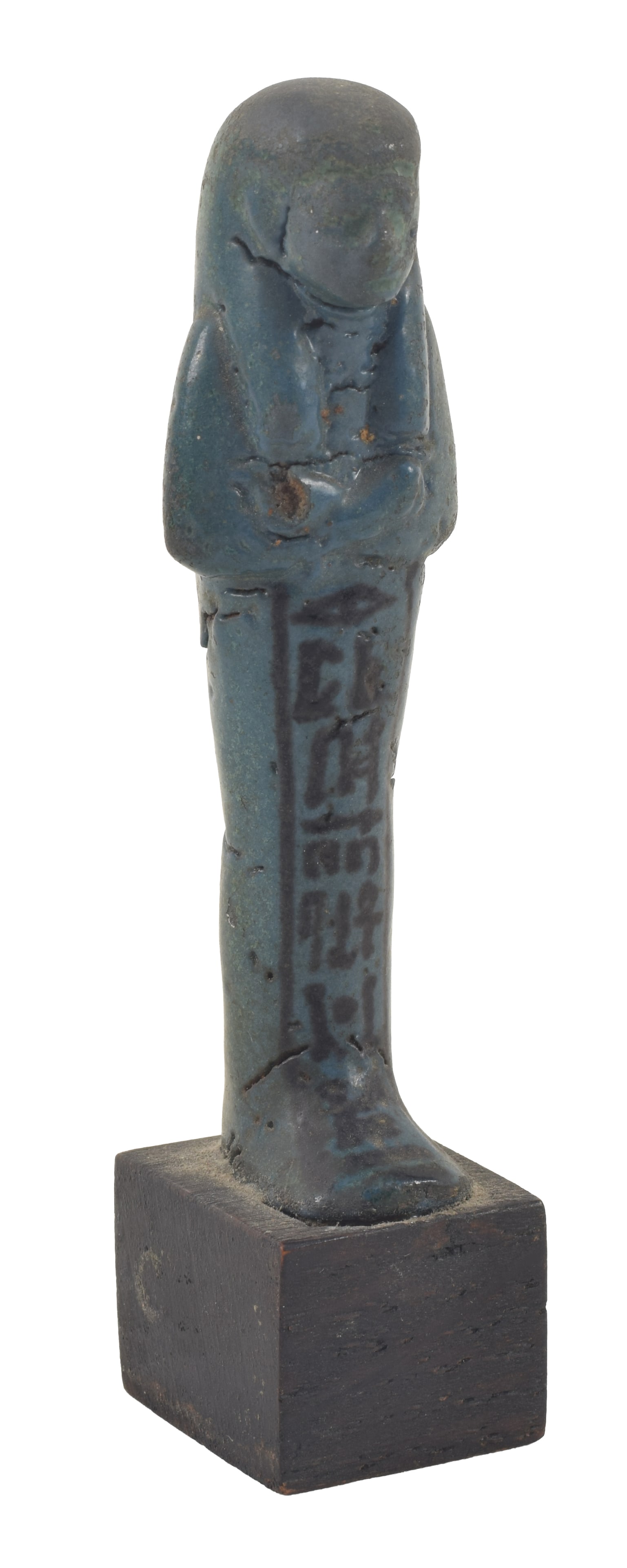 Egyptian, Late New Kingdom, dark blue faience ushabti. With long tri-part wig and paint inscription (1 of 5)