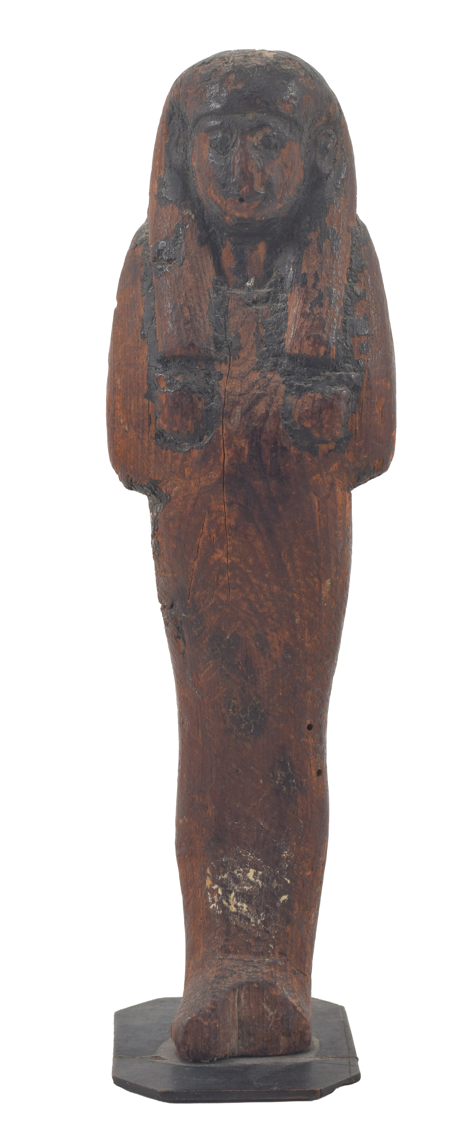Egyptian, 19th Dynasty, wood Ushabti figure. Wearing smooth tripart wig with traces of black. Height (1 of 6)