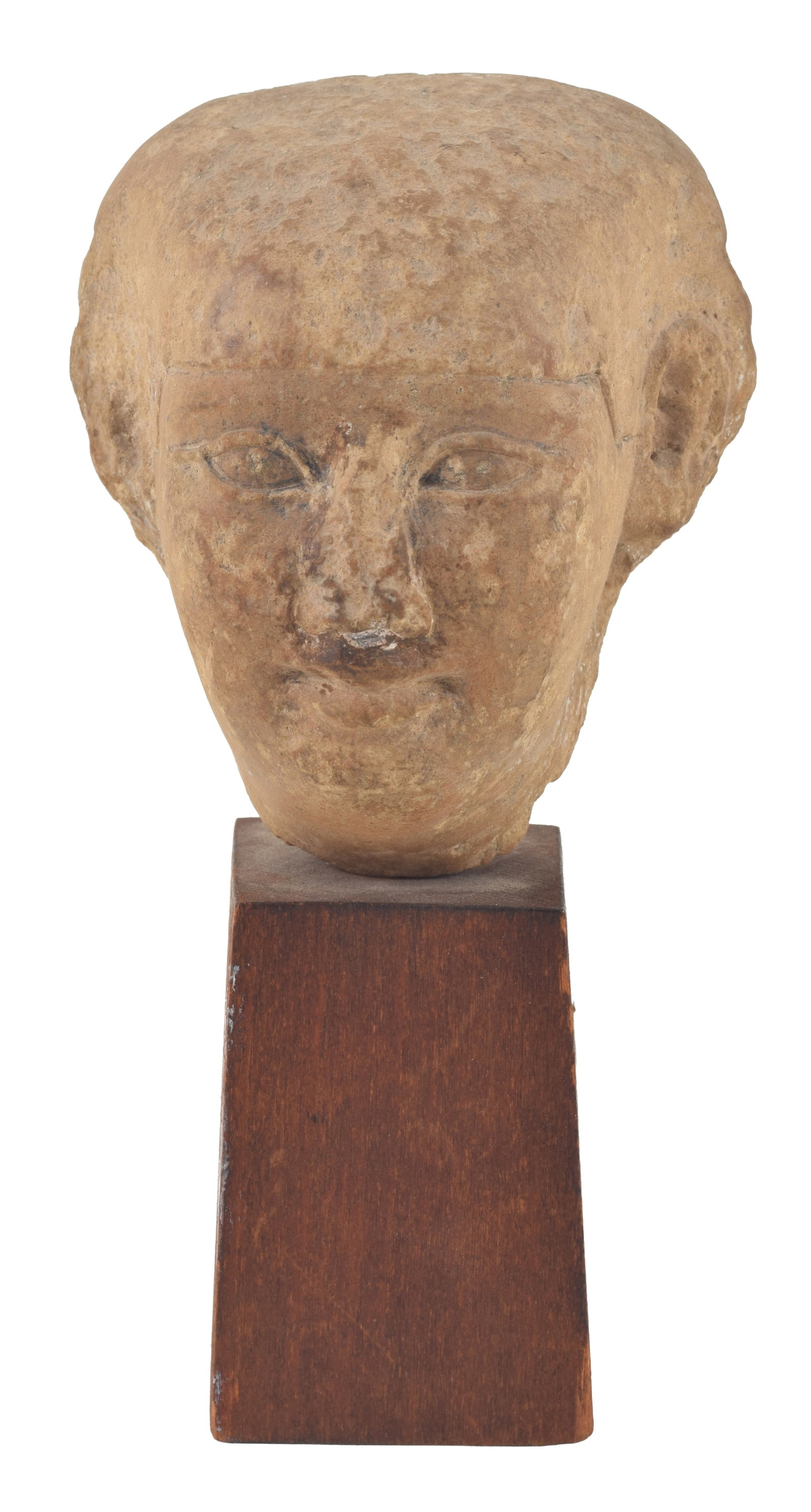 Egyptian carved stone head of pharaoh. On wood stand. Height 3 in. From the collection of Dr. Bruce: Egyptian carved stone head of pharaoh. On wood stand. Height 3 in. From the collection of Dr. Bruce L. Ralston, Tuxedo Park NY. Dr. Ralston assembled a large collection during the 1960's & 70's.