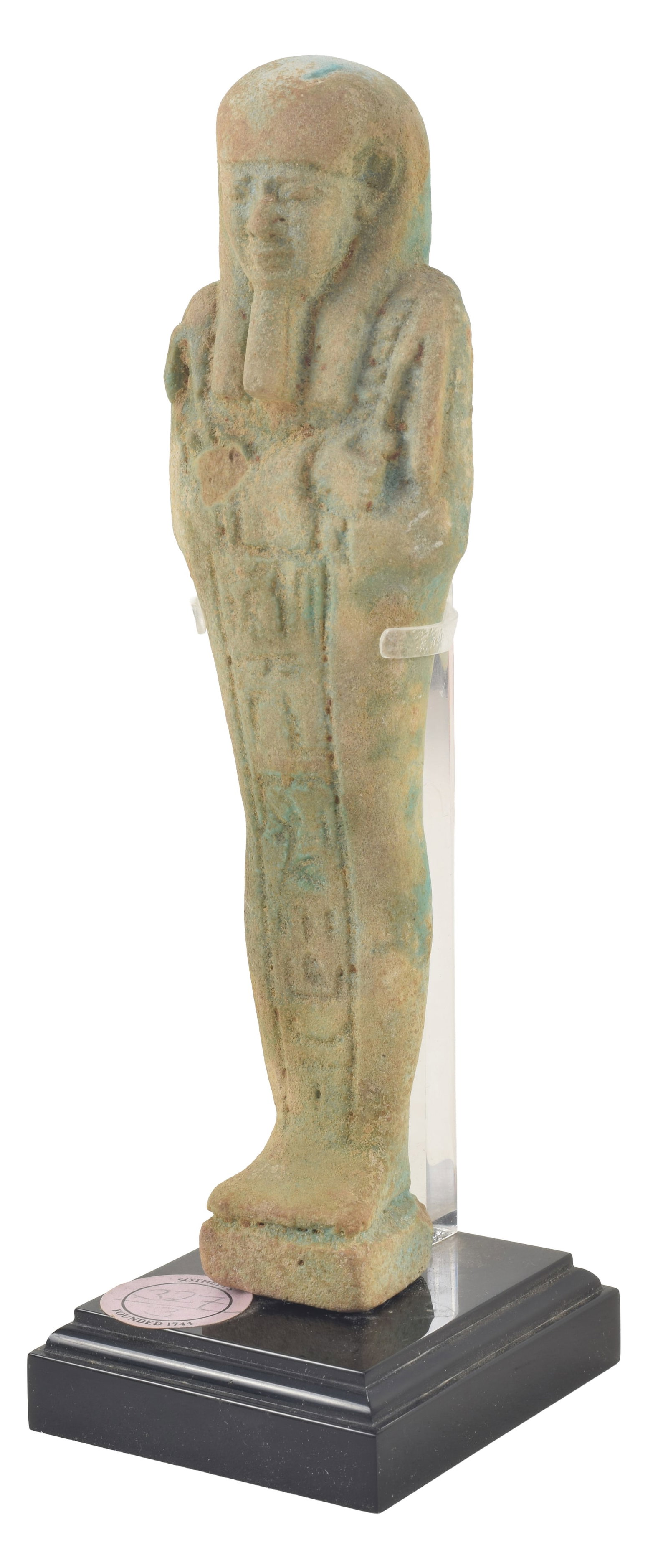 Egyptian, 26th/30th dynasties, turquoise faience ushabti figure. Modeled with pick and hoe, and (1 of 8)