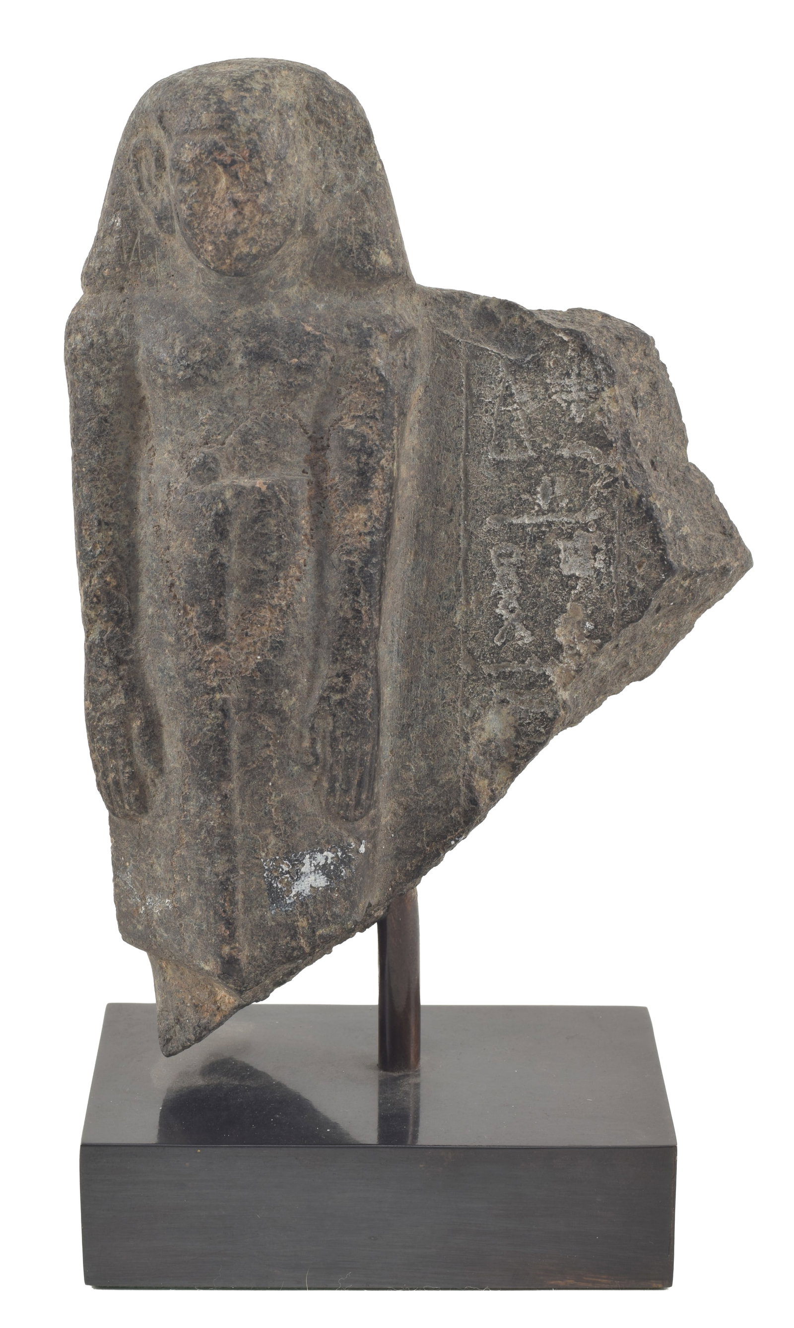 Egyptian, Late Period, fragmentary carved granodiorite relief panel of a priest with inscriptions to (1 of 8)