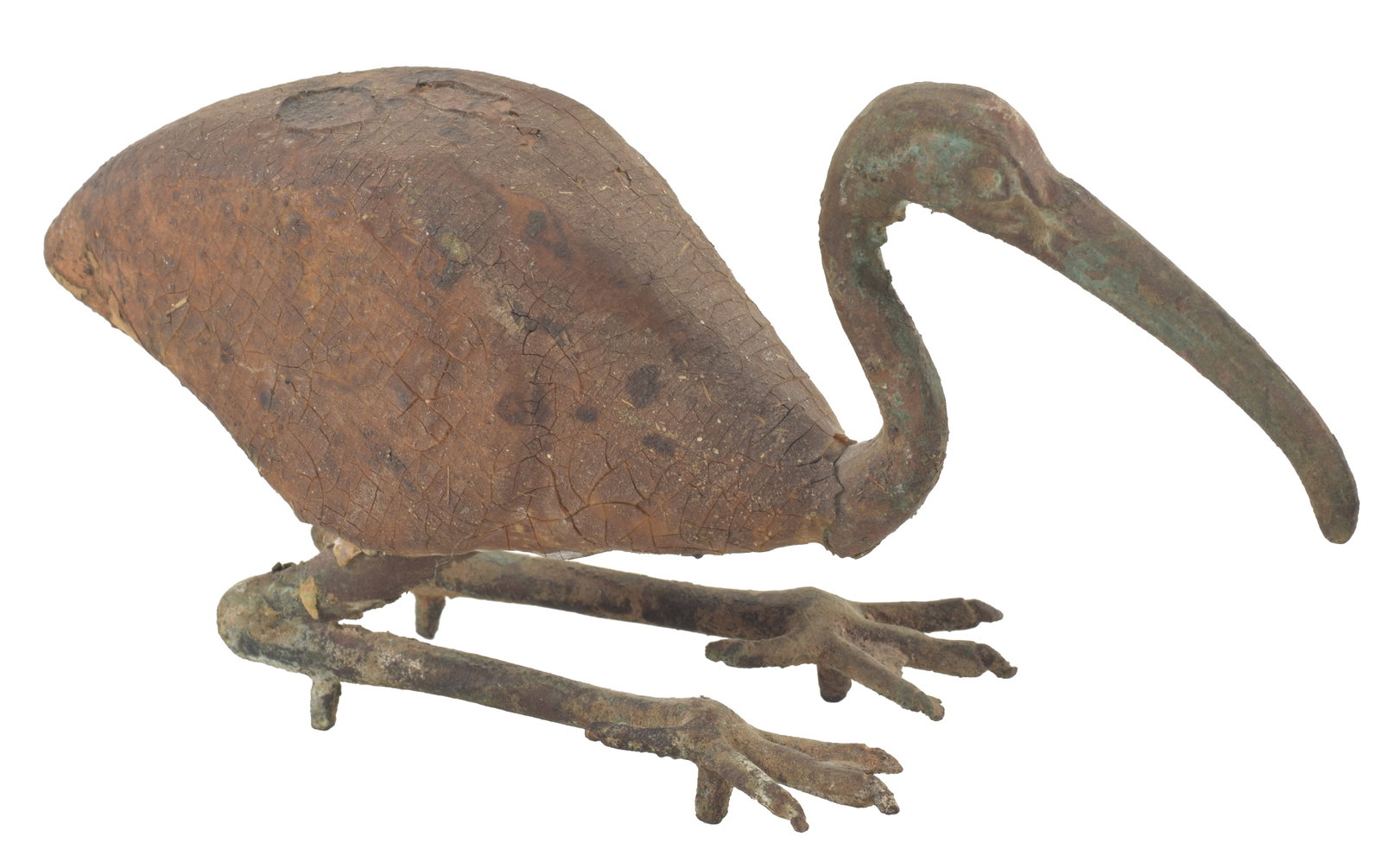 Egyptian, Late Period, bronze and wood ibis figure in squatting position. Length 8 in, height 4.25: Egyptian, Late Period, bronze and wood ibis figure in squatting position. Length 8 in, height 4.25 in. From the collection of Dr. Bruce L. Ralston, Tuxedo Park NY. Dr. Ralston assembled a large collec