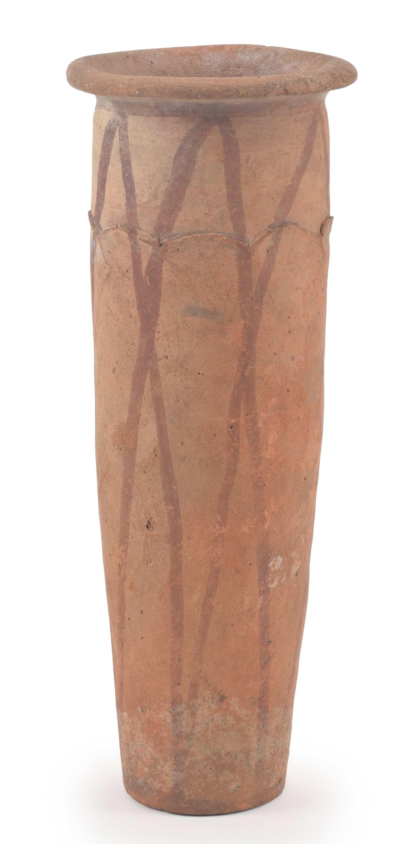 An Egyptian pottery net jar with stylized petal collar and flare lip. Height 11.25 in. From the (1 of 6)