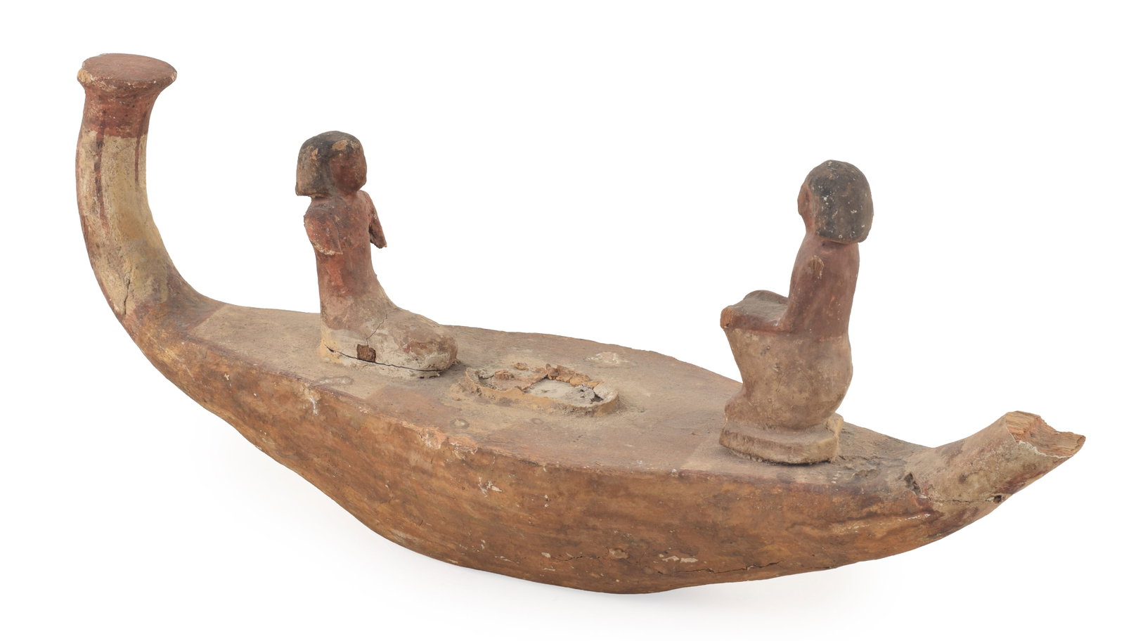 Egyptian, Middle Kingdom, painted wood funerary bark, fitted with two squatting figures. Remnants of (1 of 9)