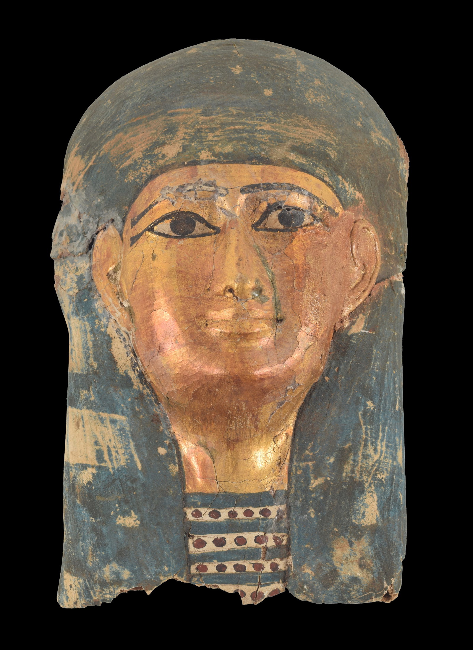 Egyptian, Late Ptolemaic, cartonage mummy mask. Wearing a smooth blue painted wig, broad collar, (1 of 6)