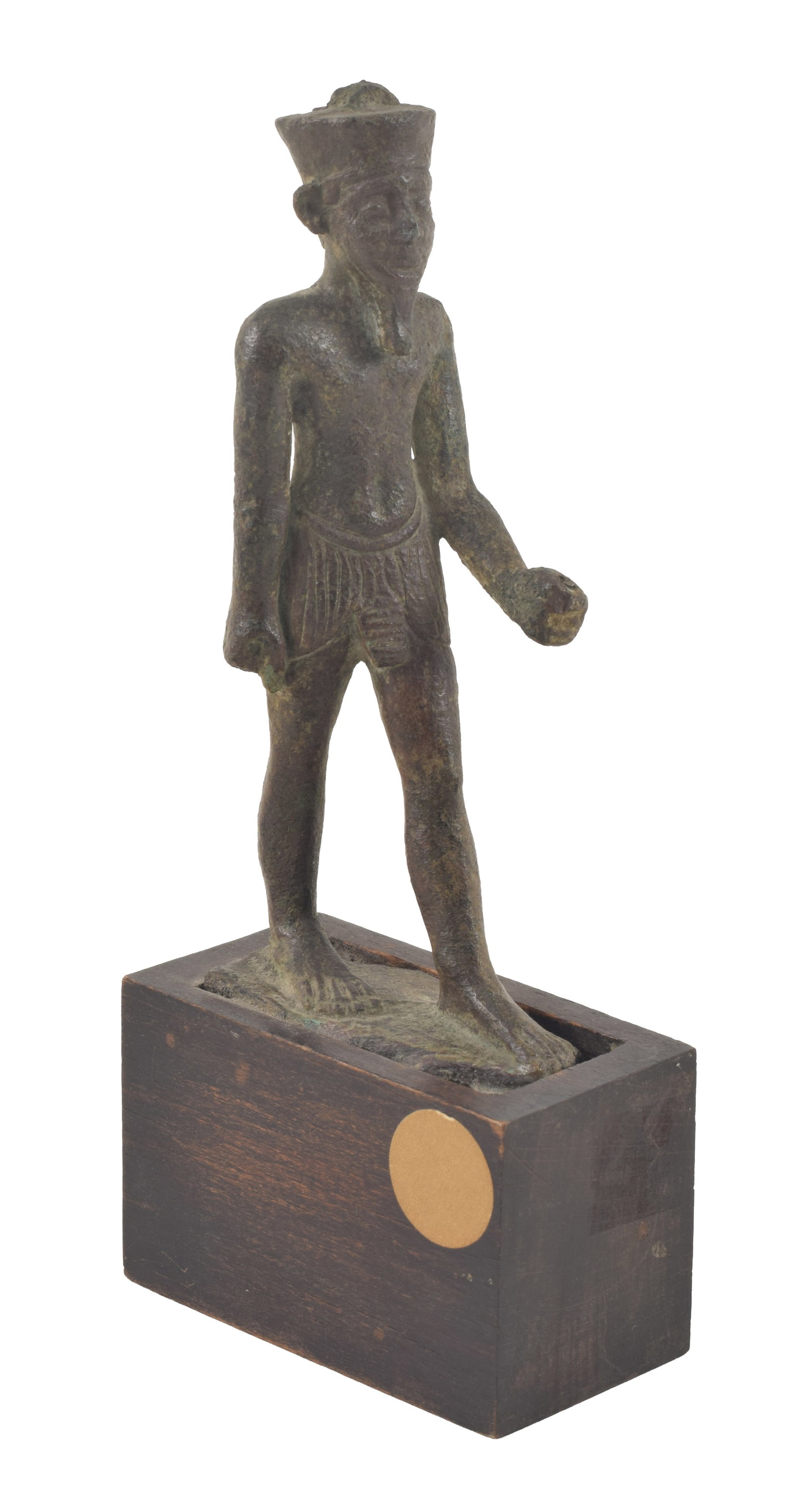 Egyptian, bronze statuette figure of Amun. Striding with left hand raised to hold a scepter. On a (1 of 6)