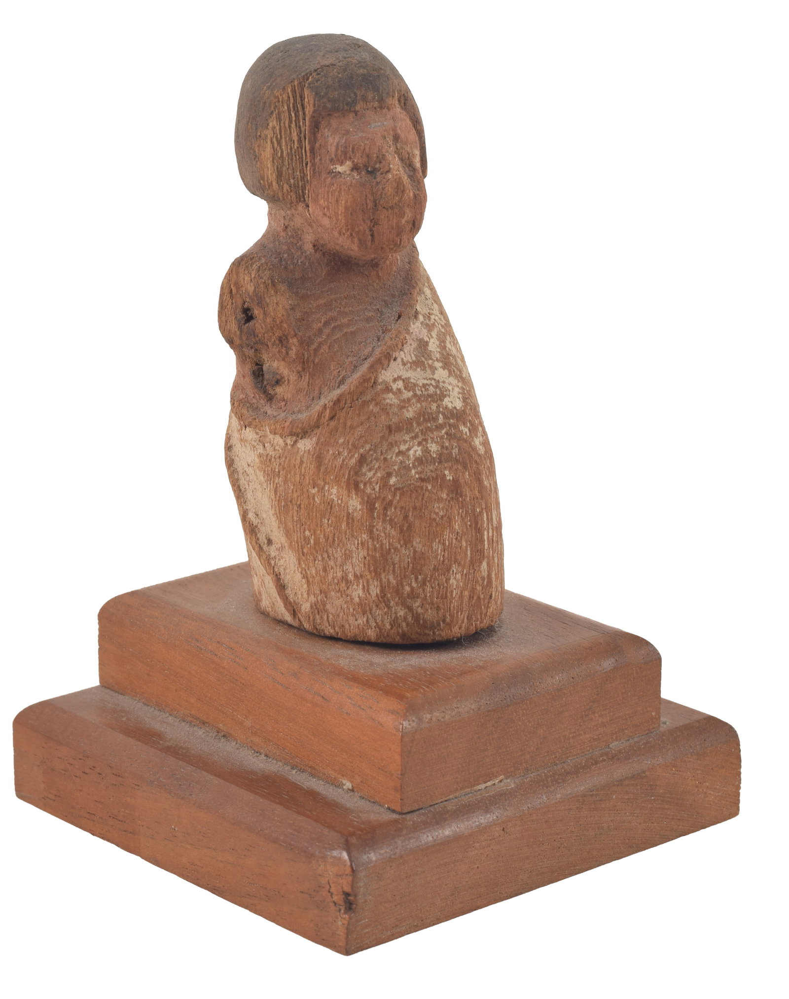 Egyptian, 12th Dynasty, painted wood figure of a coxswain. Short coiffure with white robe. Applied: Egyptian, 12th Dynasty, painted wood figure of a coxswain. Short coiffure with white robe. Applied arm missing. On a wood base. Height. 2.75 in. From the collection of Dr. Bruce L. Ralston, Tuxedo Par